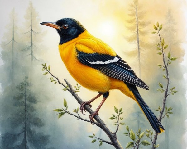 Vibrant Yellow Bird with Black Head in Forest Setting
