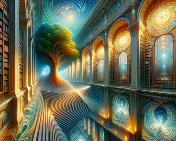 Cosmic Library with Grand Staircase and Tree of Life