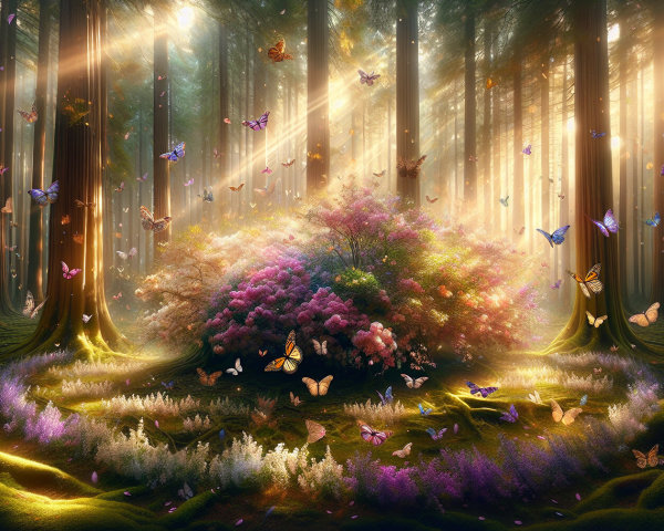 Magical forest scene with sunlight and blooming flowers