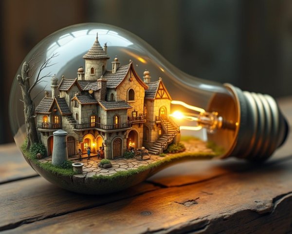 Whimsical Village Inside a Glowing Light Bulb