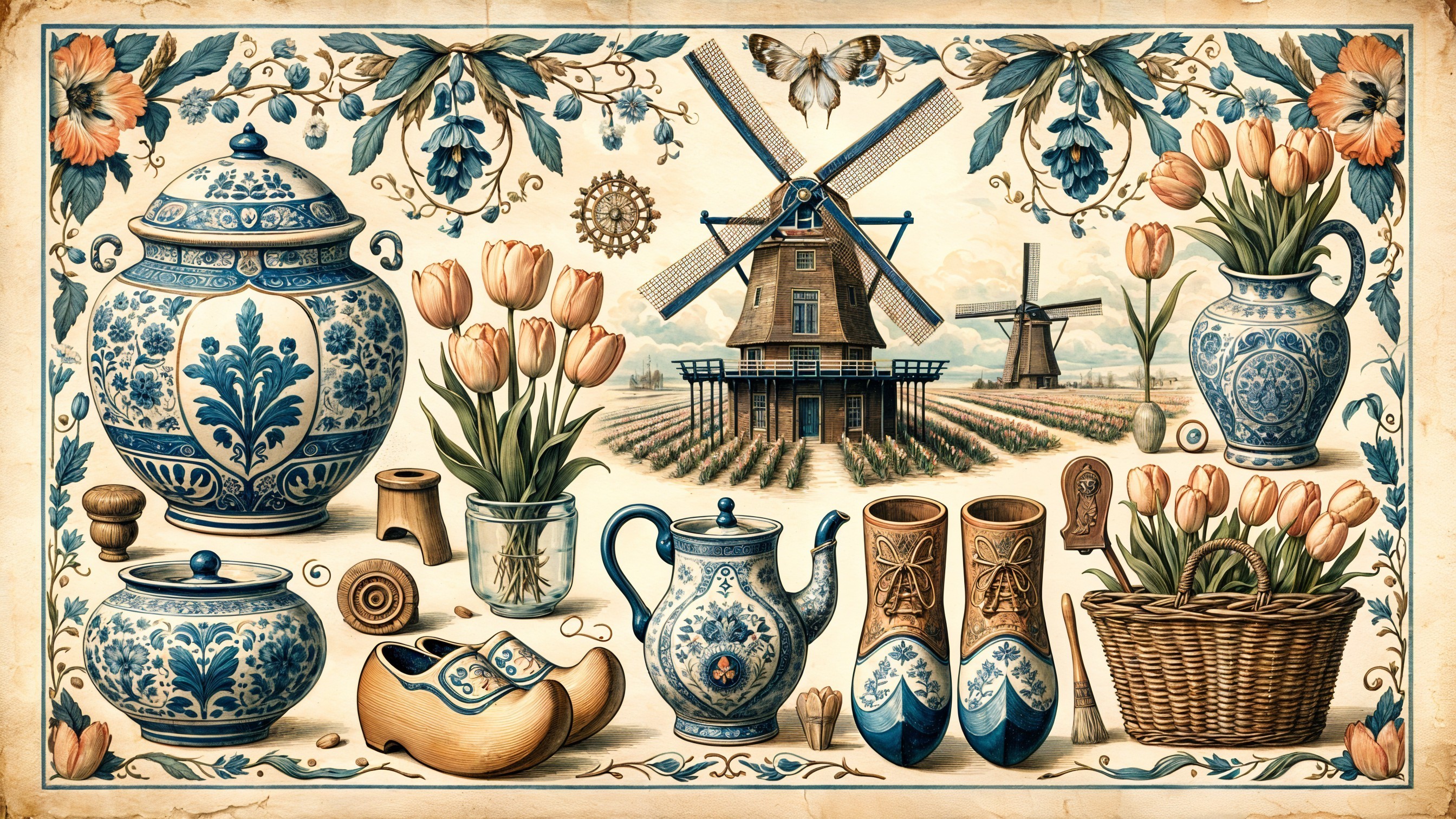 Traditional Dutch Scene with Pottery and Windmill