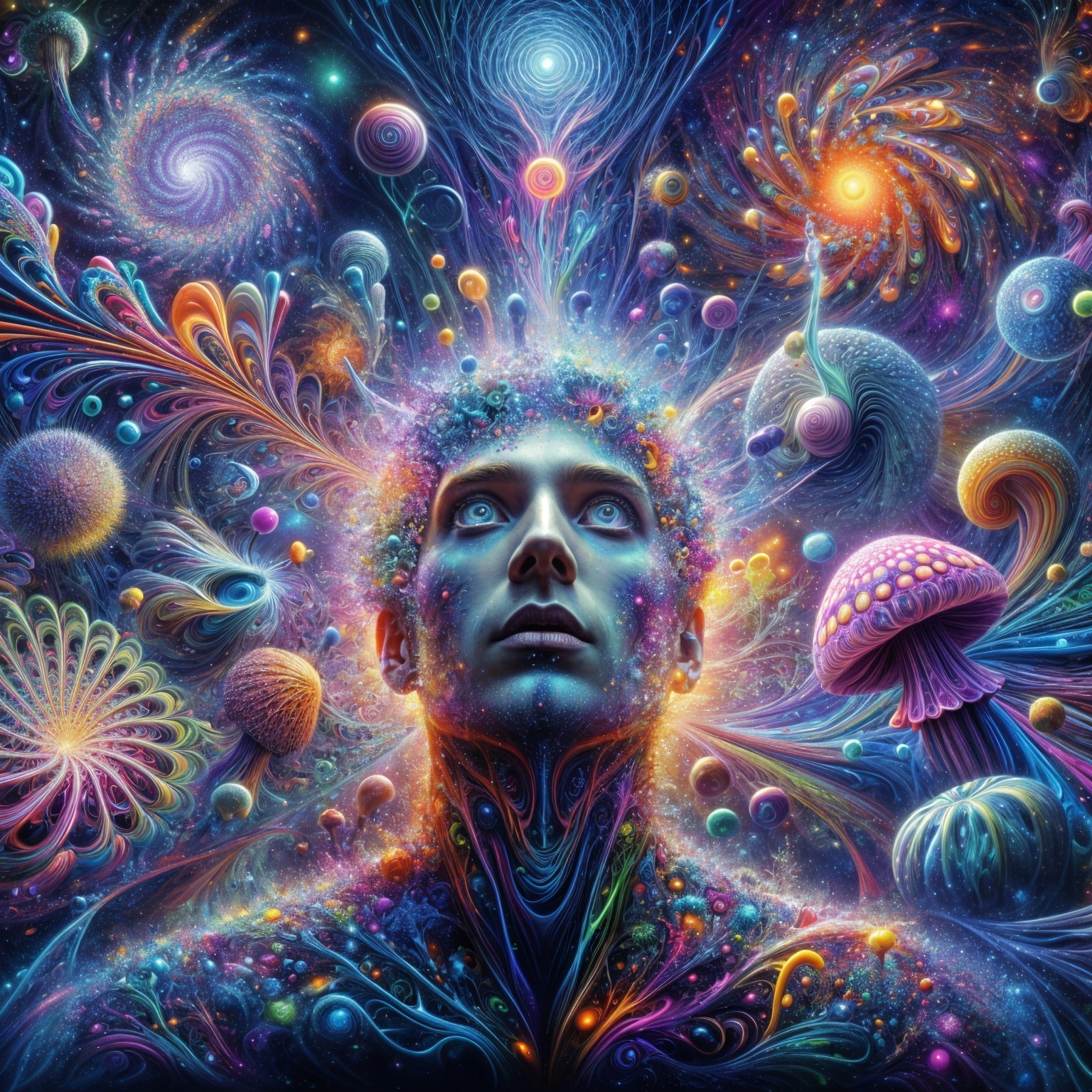 Surreal Human Figure Amidst Cosmic Patterns and Colors
