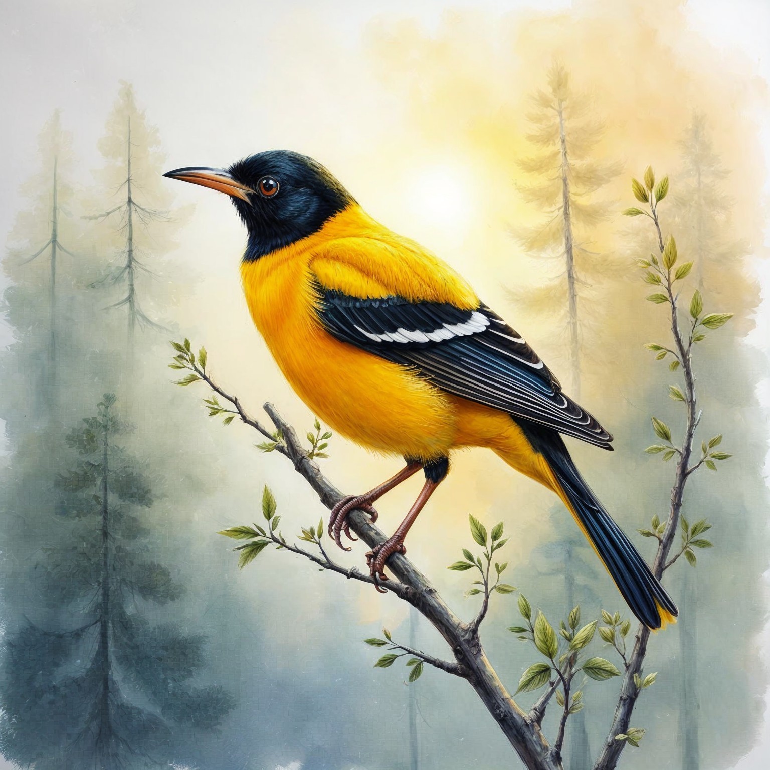 Vibrant Yellow Bird with Black Head in Forest Setting