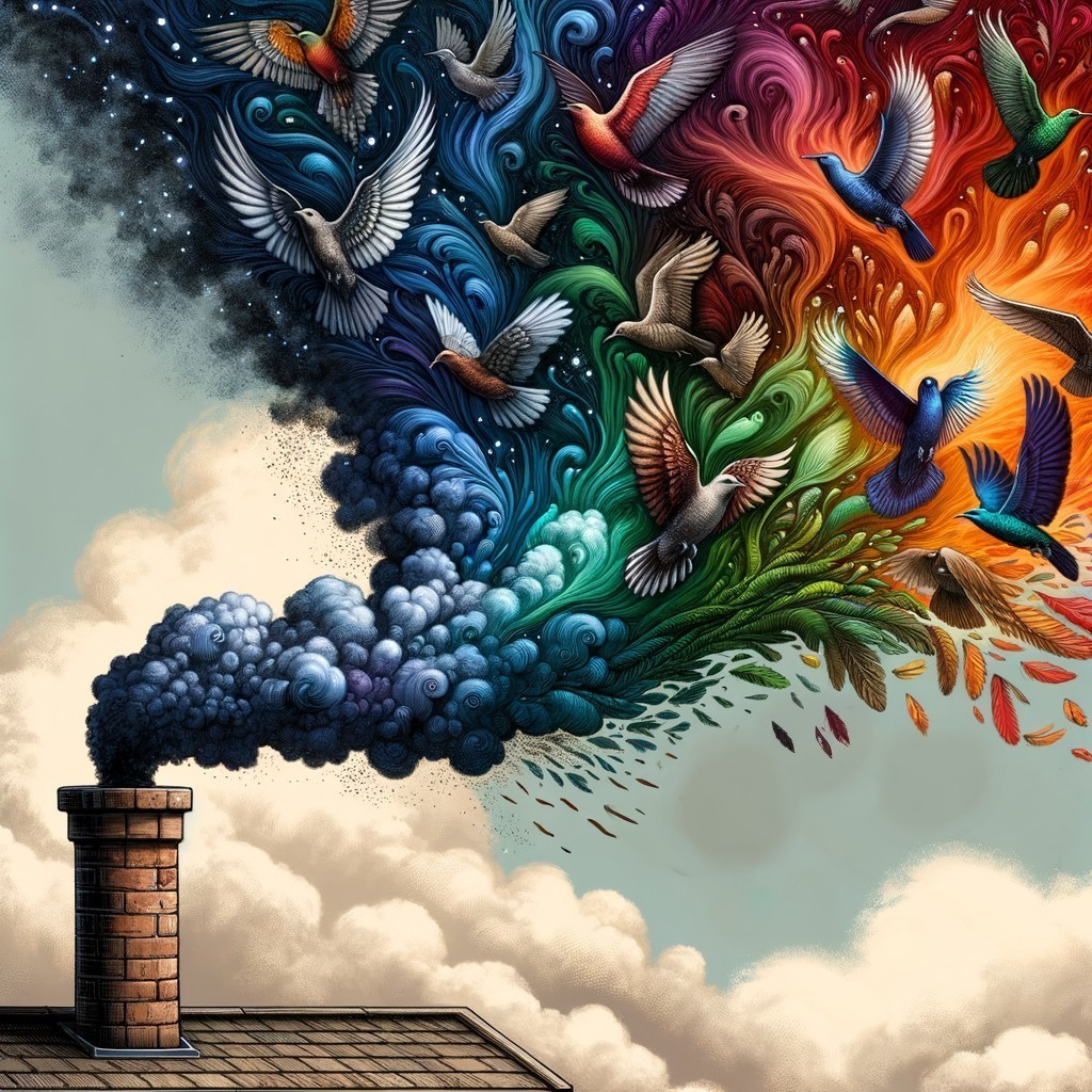 Chimney Emitting Colorful Clouds and Flock of Birds