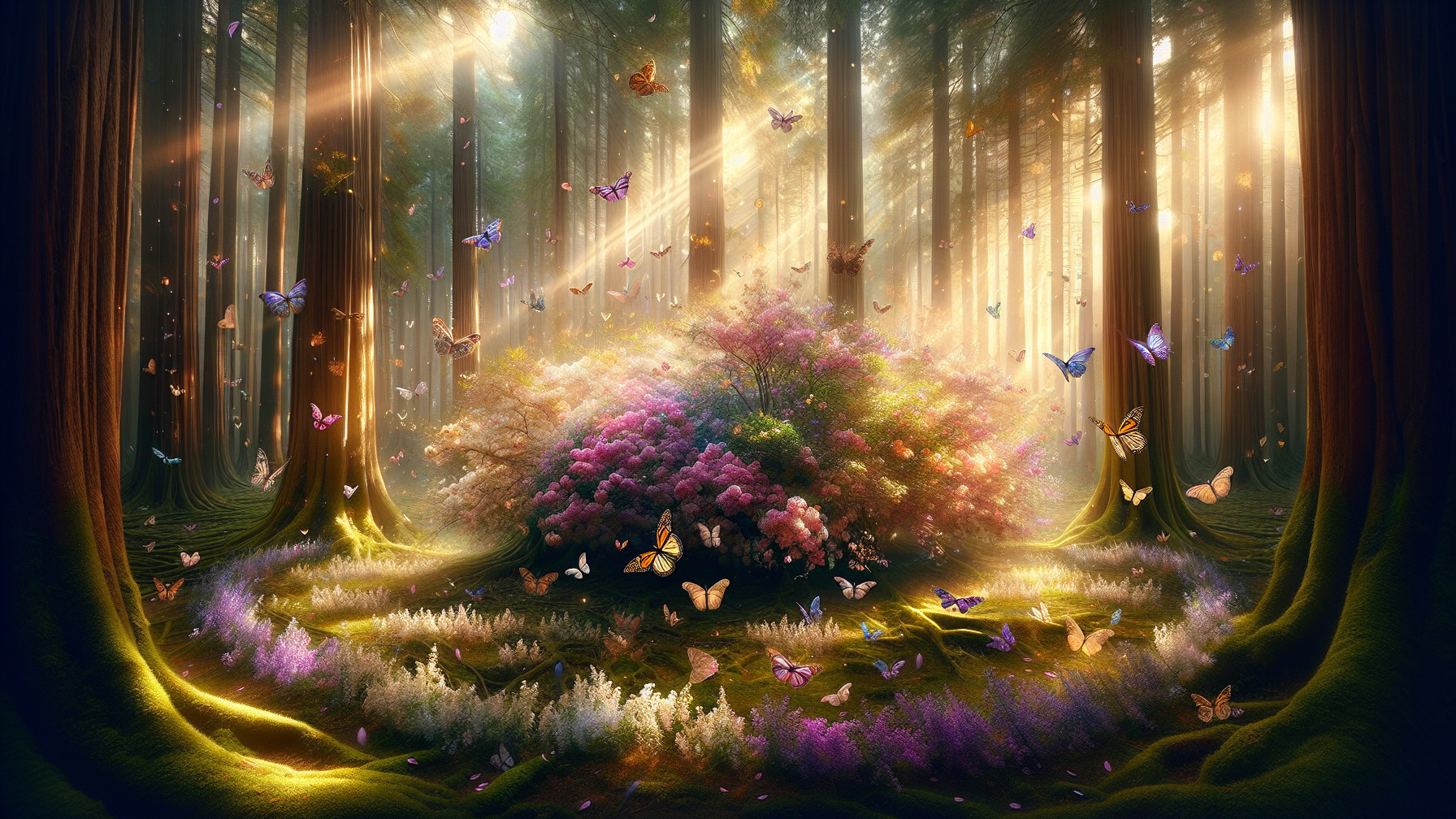 Magical forest scene with sunlight and blooming flowers