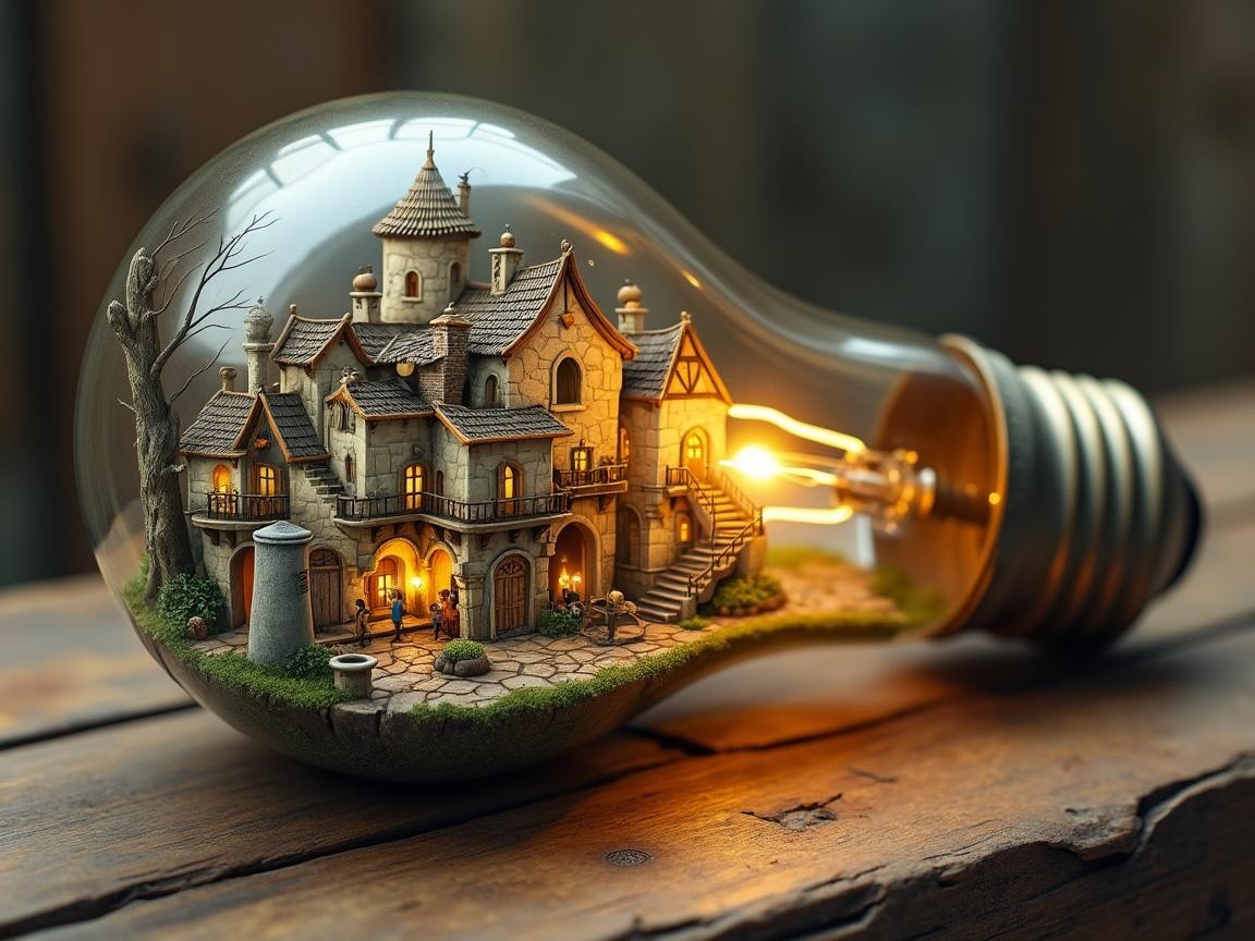 Whimsical Village Inside a Glowing Light Bulb