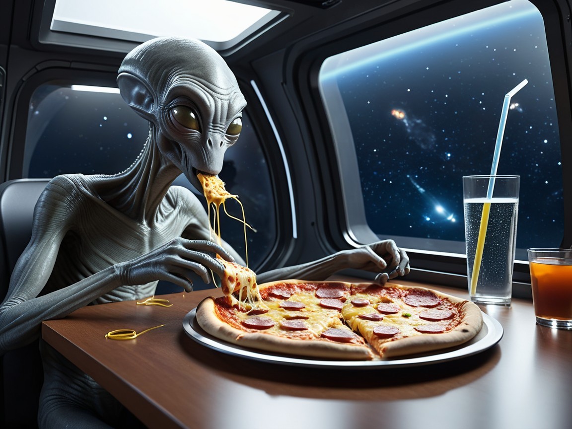 Alien Enjoying Pizza in Spaceship Among Stars