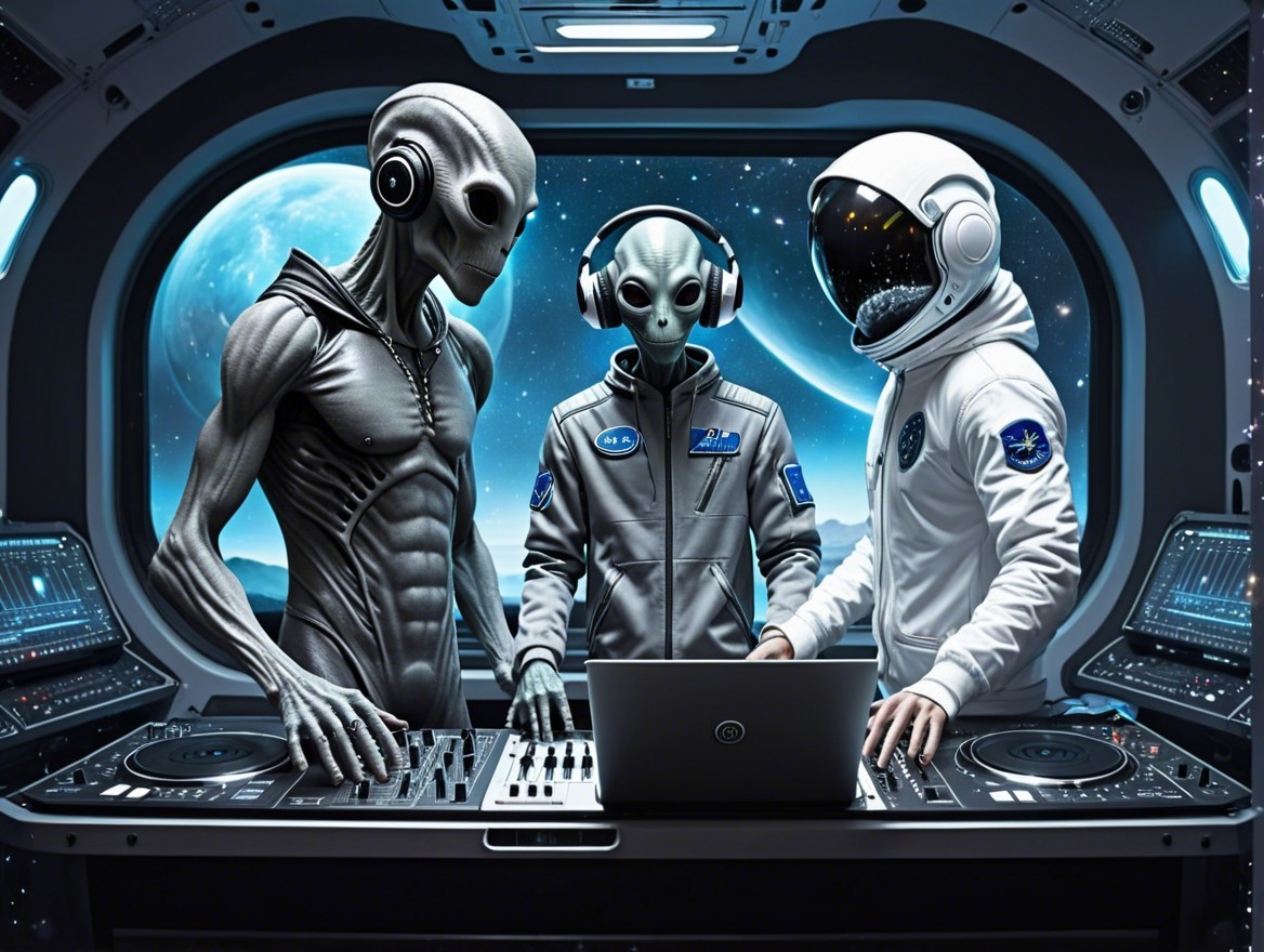 Futuristic Cockpit with Aliens and Human Creating Music