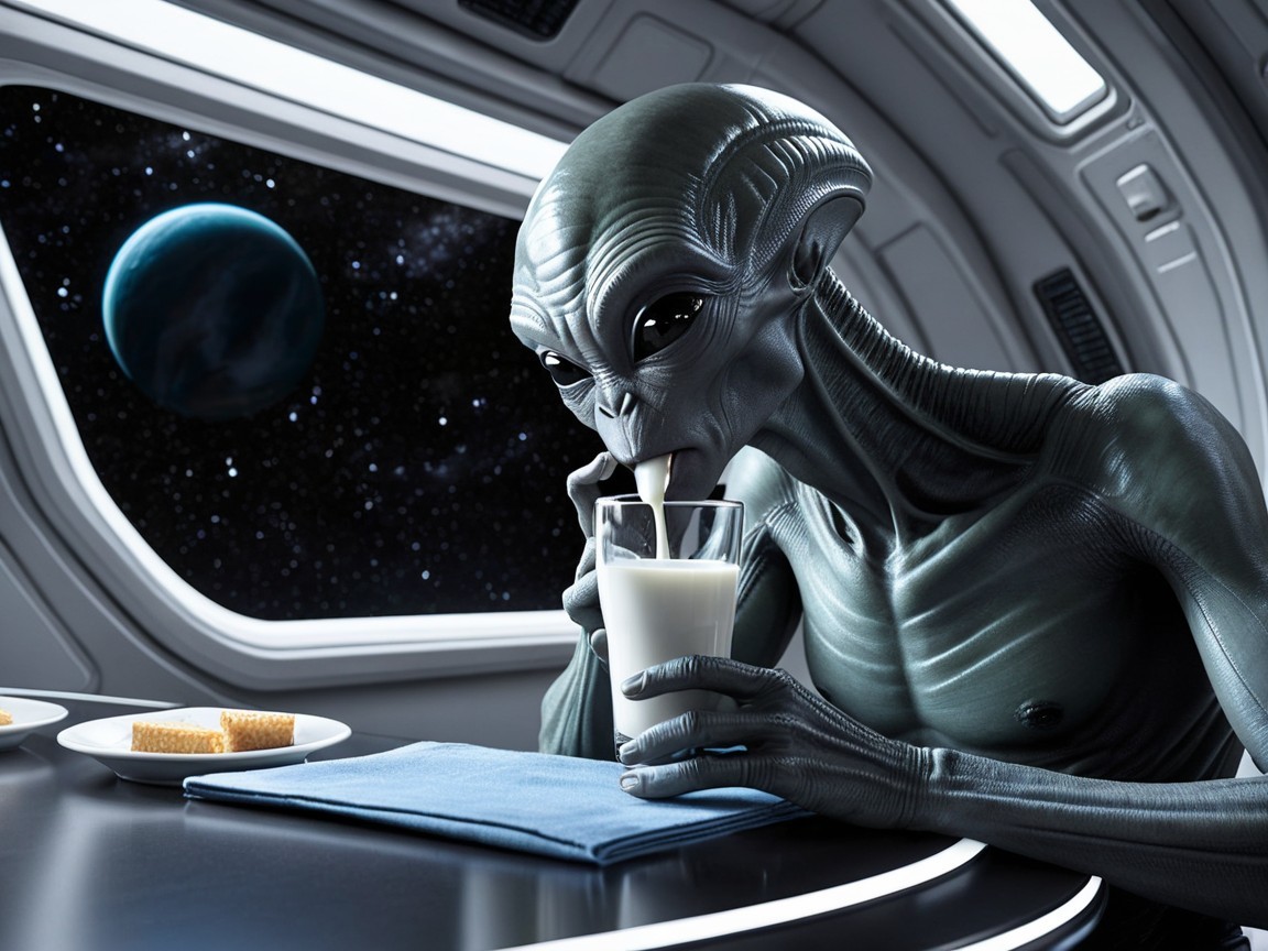 Futuristic Alien in Spacecraft with Snacks and Milk