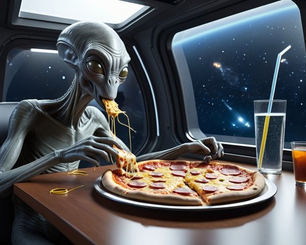 Alien Enjoying Pizza in Spaceship Among Stars