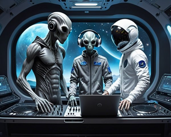 Futuristic Cockpit with Aliens and Human Creating Music