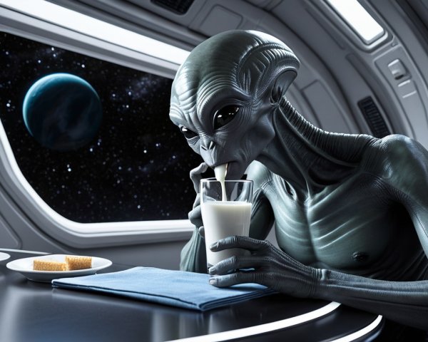 Futuristic Alien in Spacecraft with Snacks and Milk