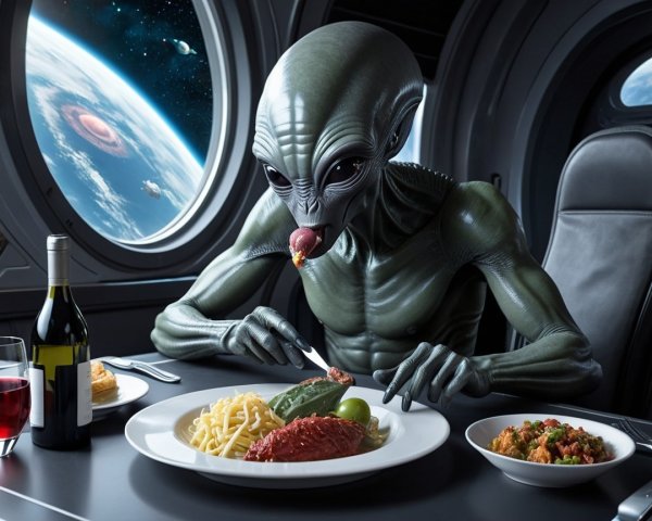Alien Dining Experience in Futuristic Spacecraft