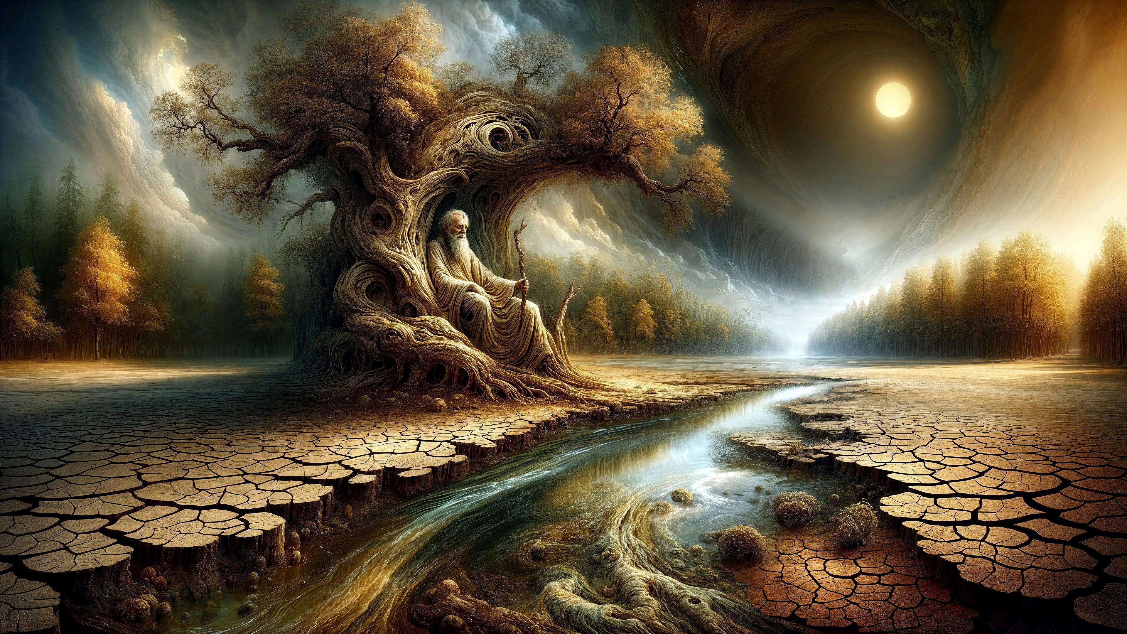 Majestic Tree in Surreal Landscape with Cosmic Sky