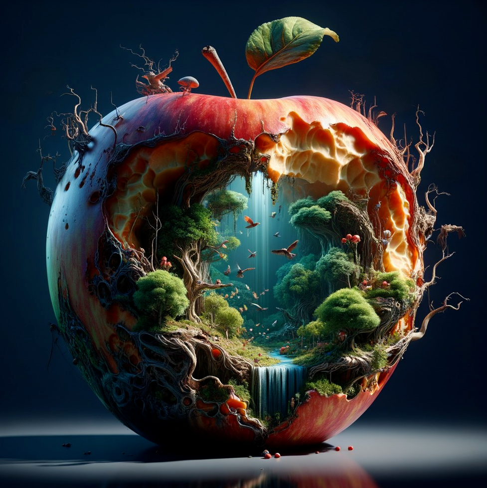 Hollow Apple with Miniature Forest and Waterfalls