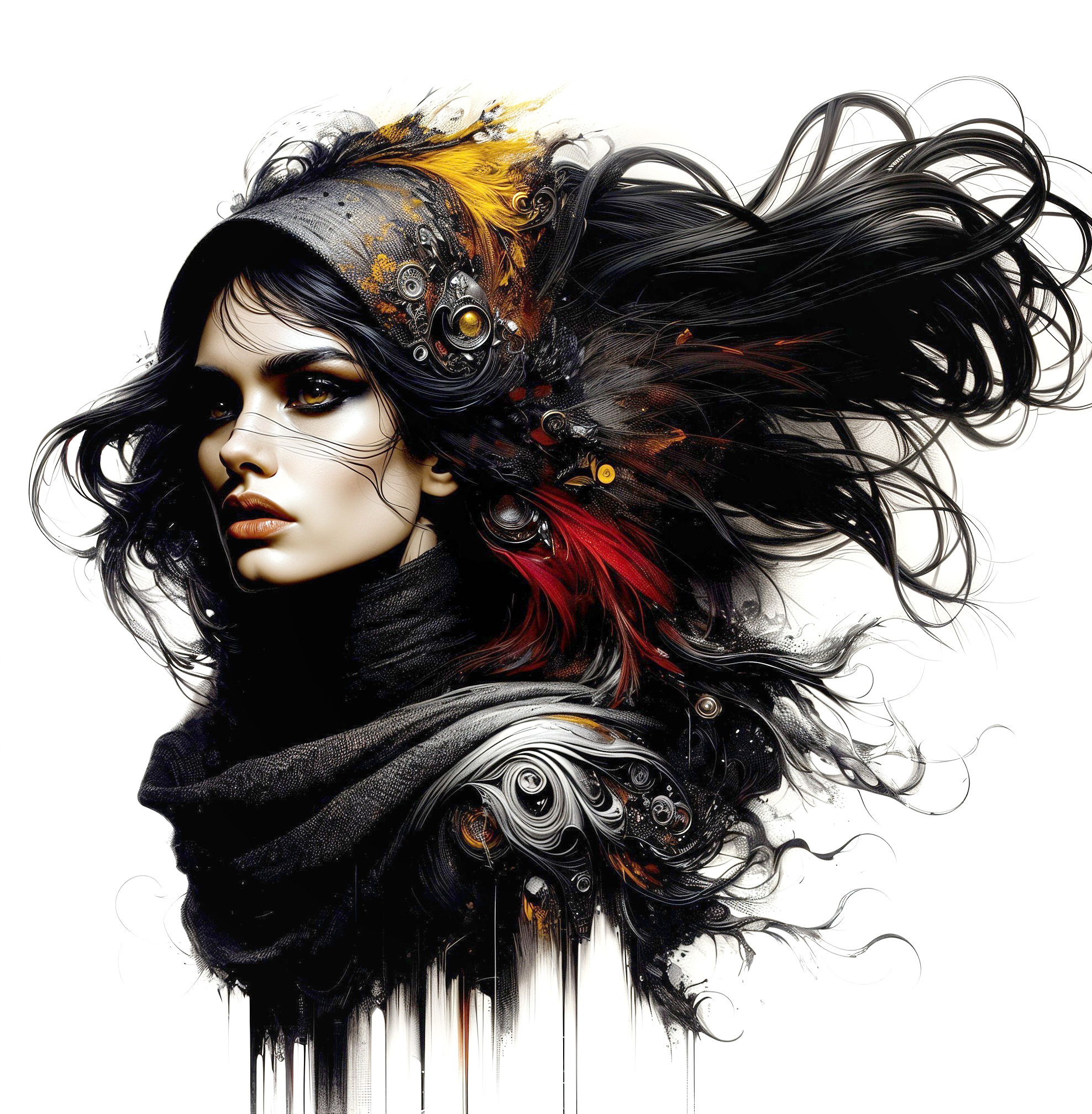 Portrait of a Woman with Flowing Hair and Patterns