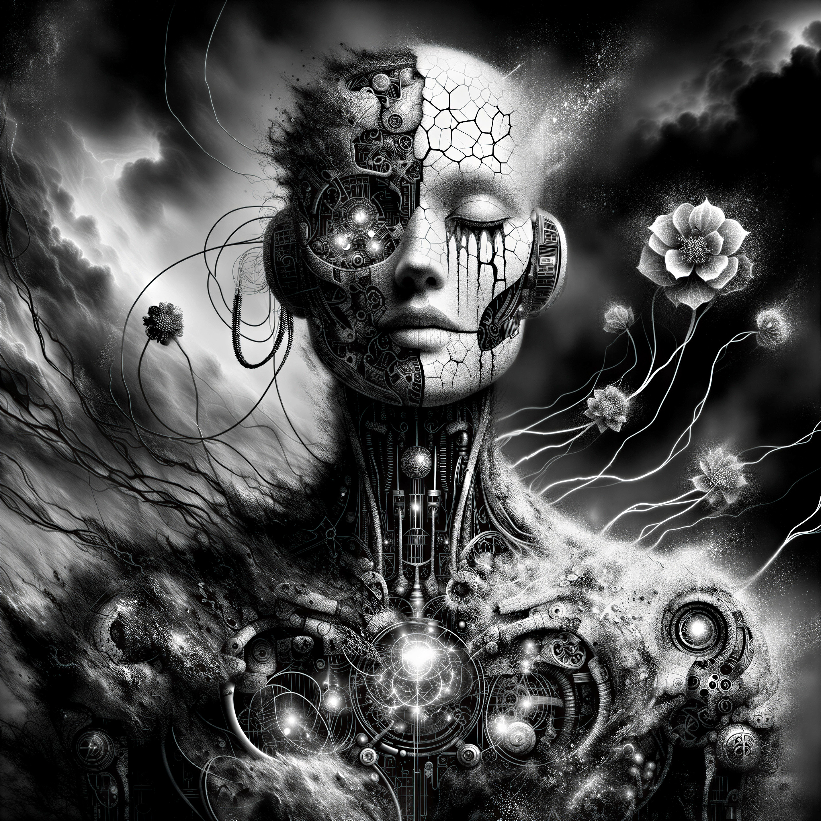 Monochrome Humanoid Figure with Mechanical Elements