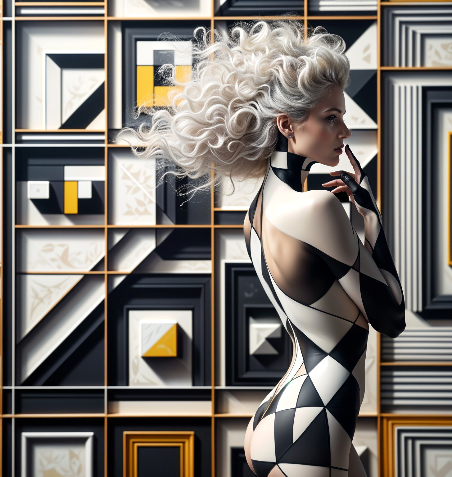 Body Paint Design with Geometric Patterns and 3D Shapes