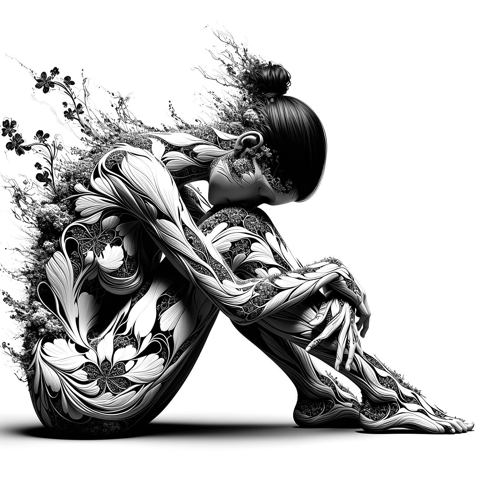 Black-and-White Artwork of Seated Figure with Floral Patterns