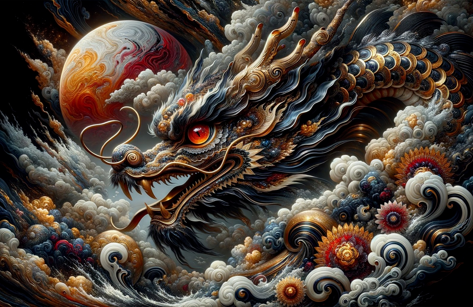 Majestic dragon amidst swirling clouds and vibrant planet