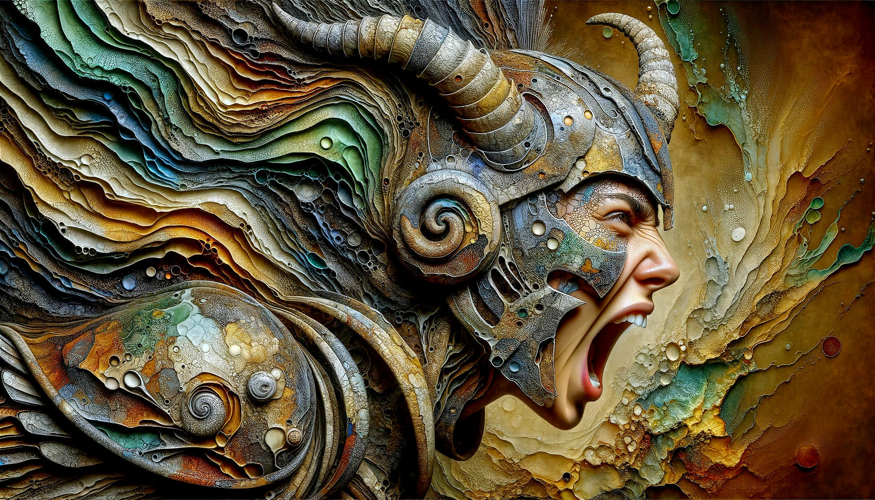 Intricate Warrior Face with Ornate Helmet and Colors