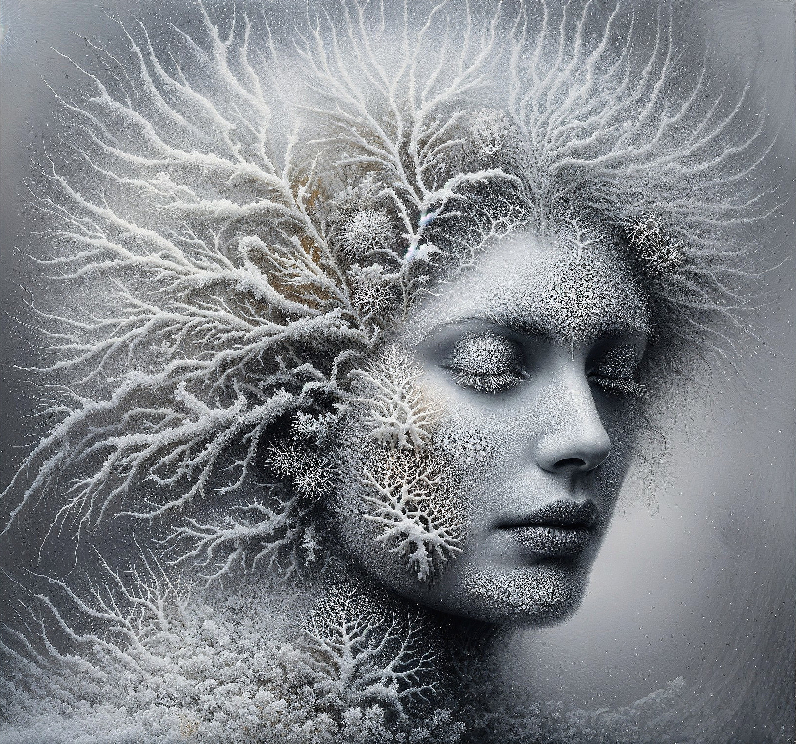 Surreal portrait of a woman with frost patterns