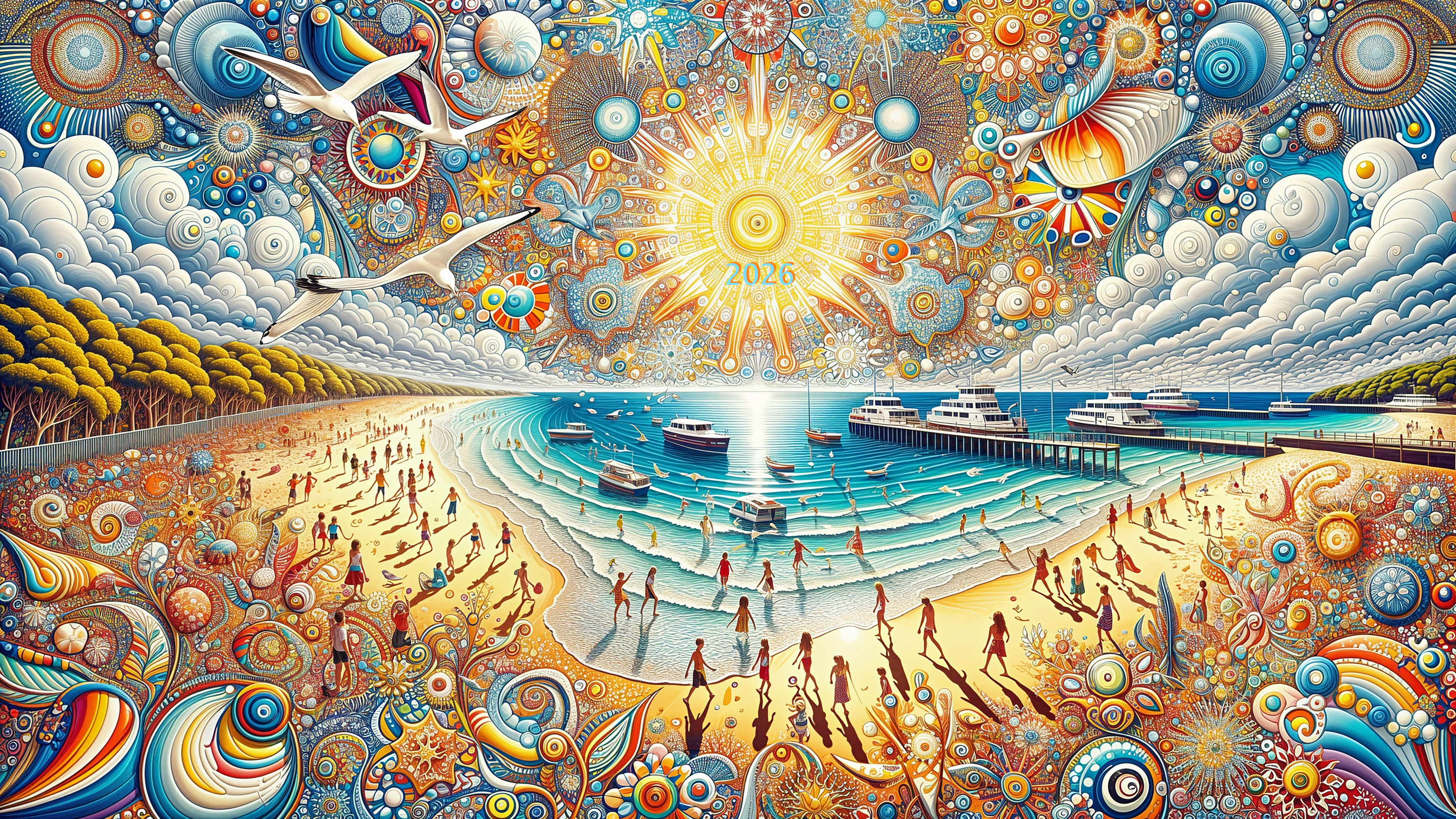 Vibrant Mosaic Beach Scene with Ornate Designs