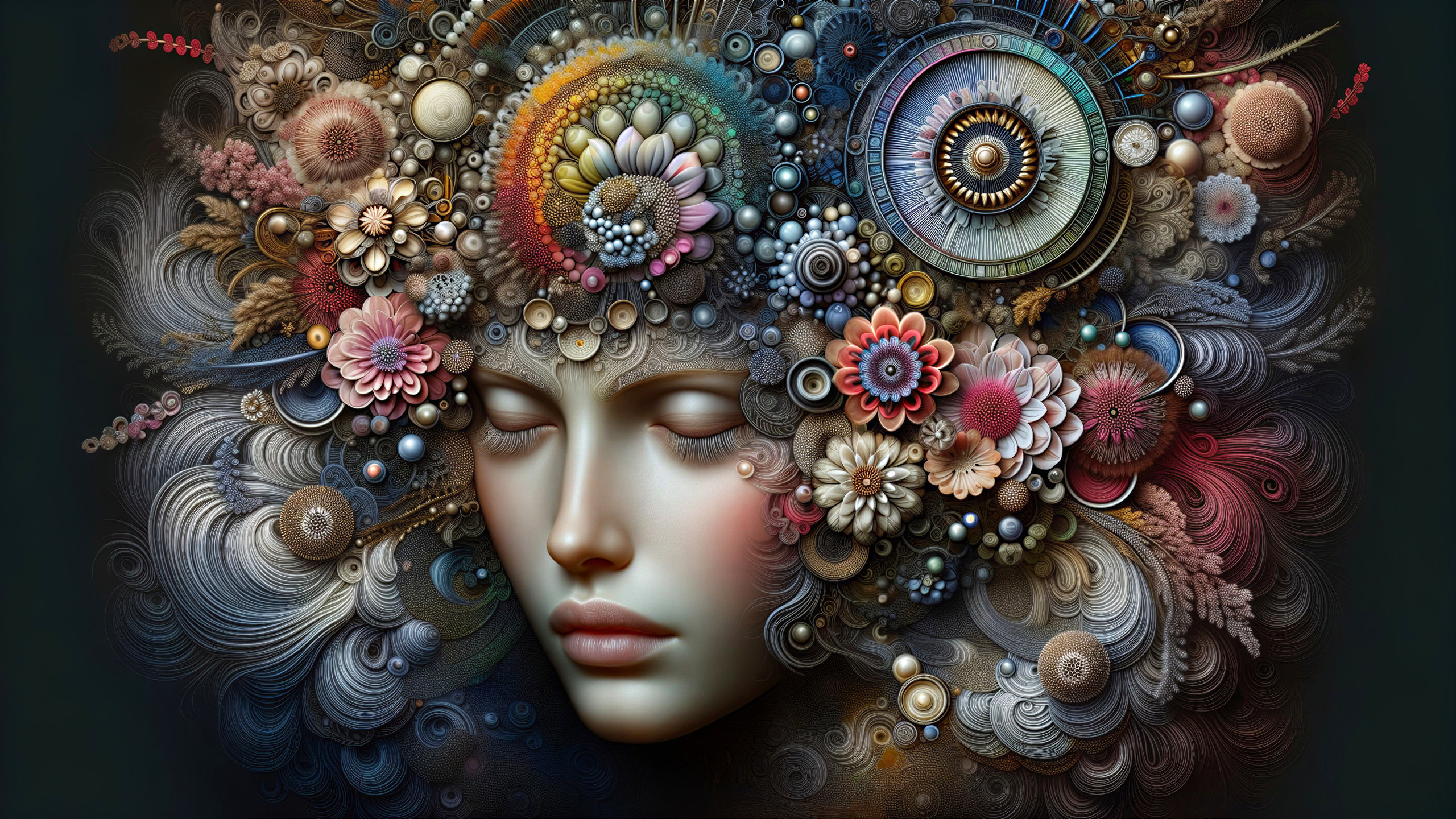Surreal Face with Floral Patterns and Abstract Designs