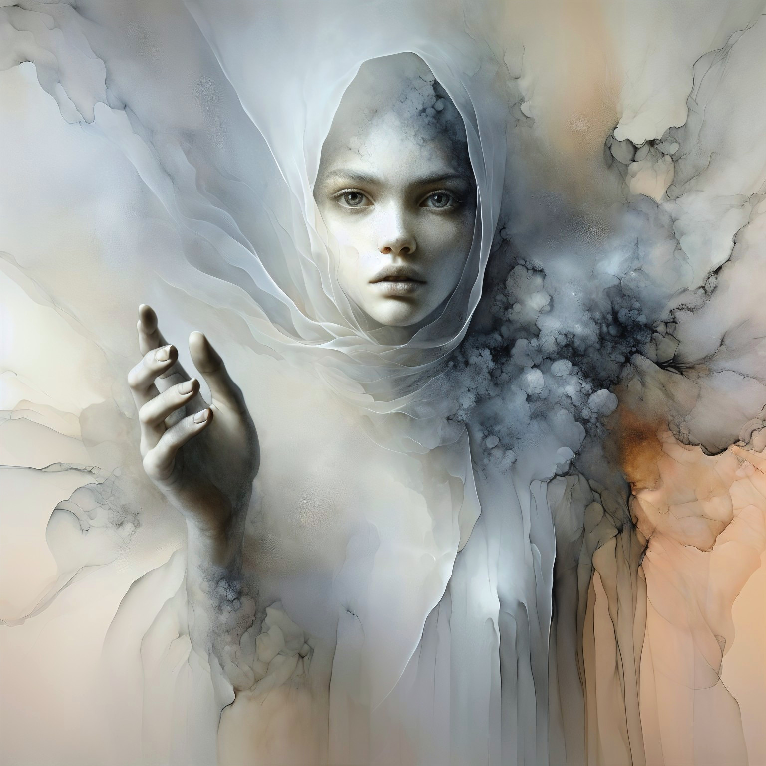 Mysterious Figure with Ethereal Presence and Fabric Wisps