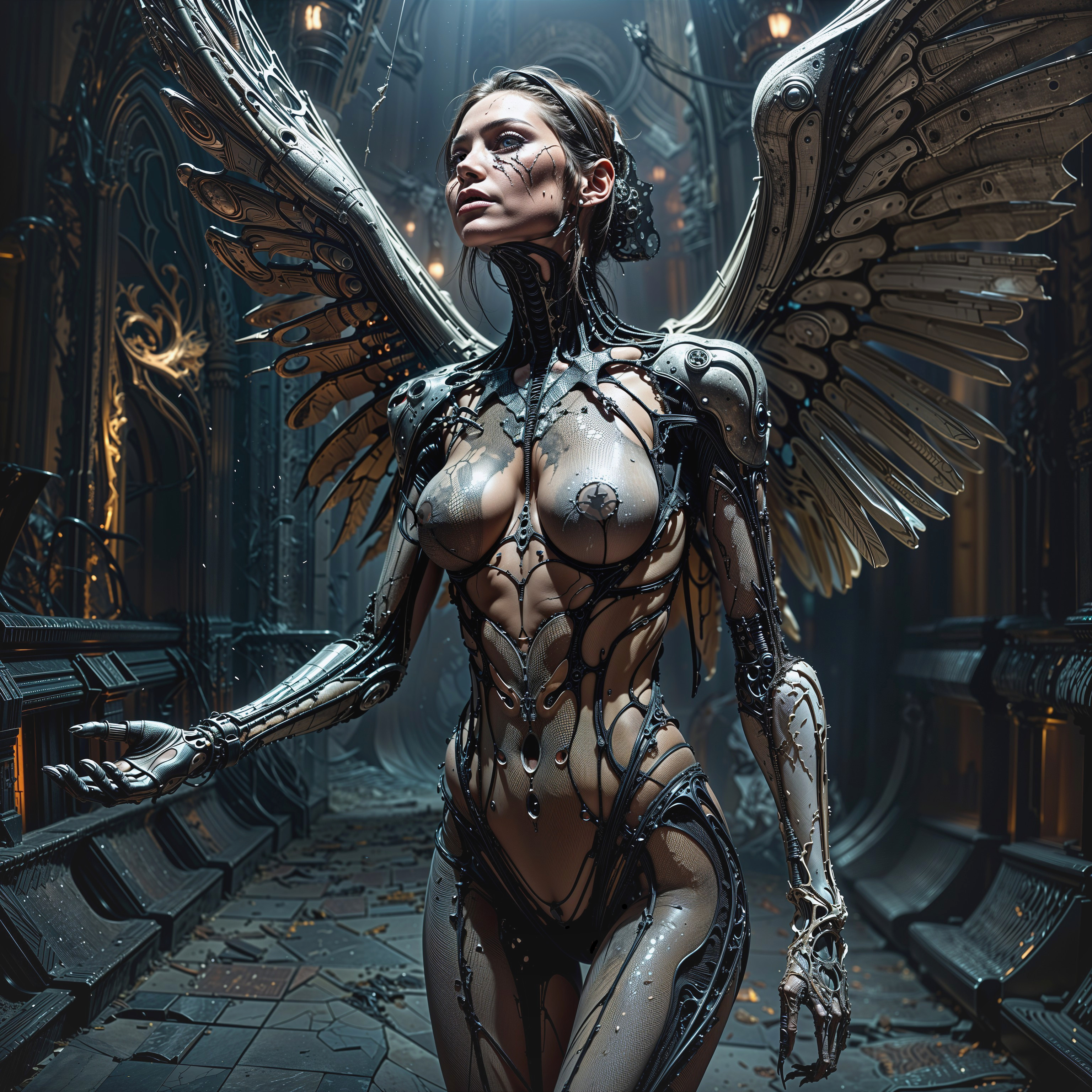 Futuristic figure with robotic features in gothic setting