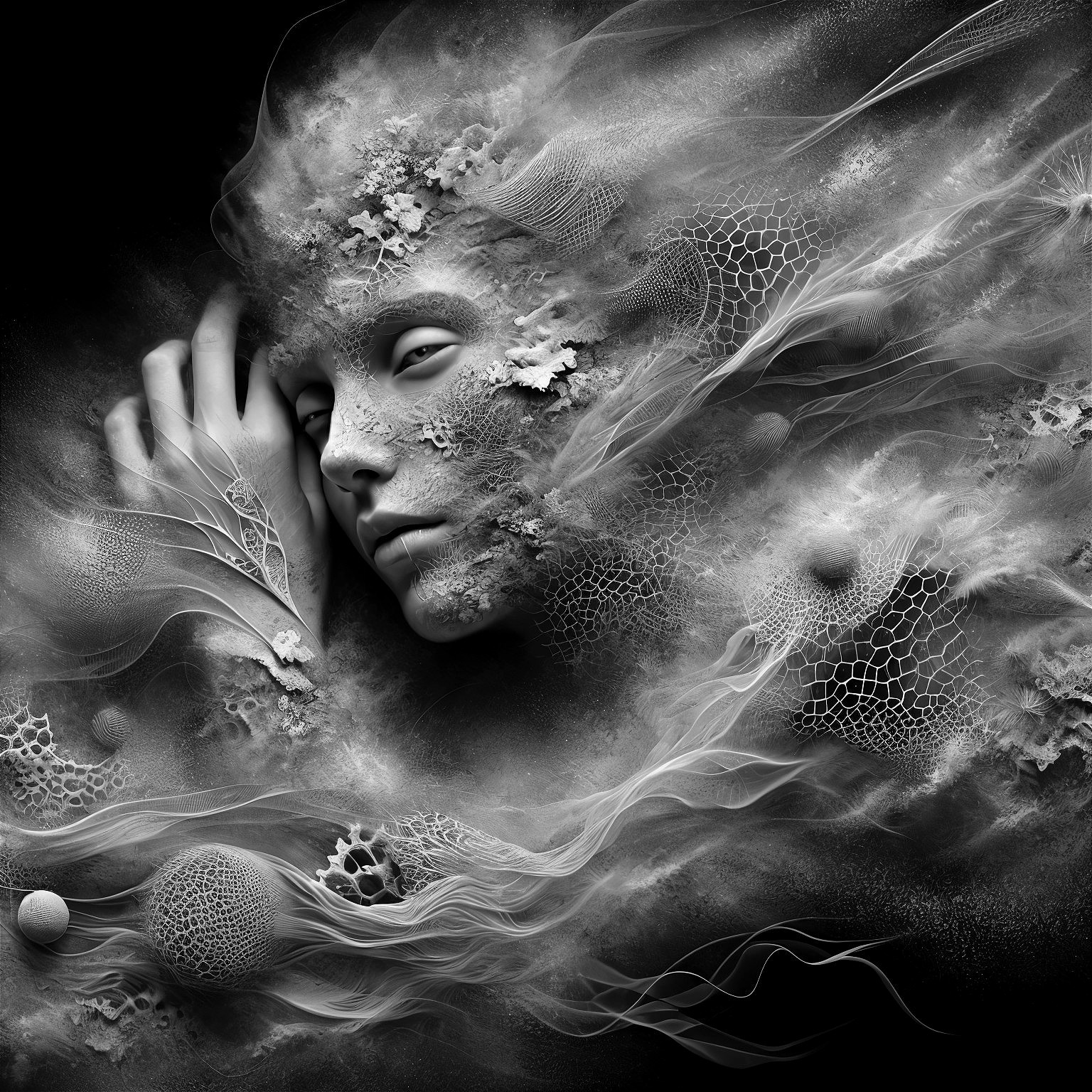 Monochromatic Face in Surreal Abstract Landscape