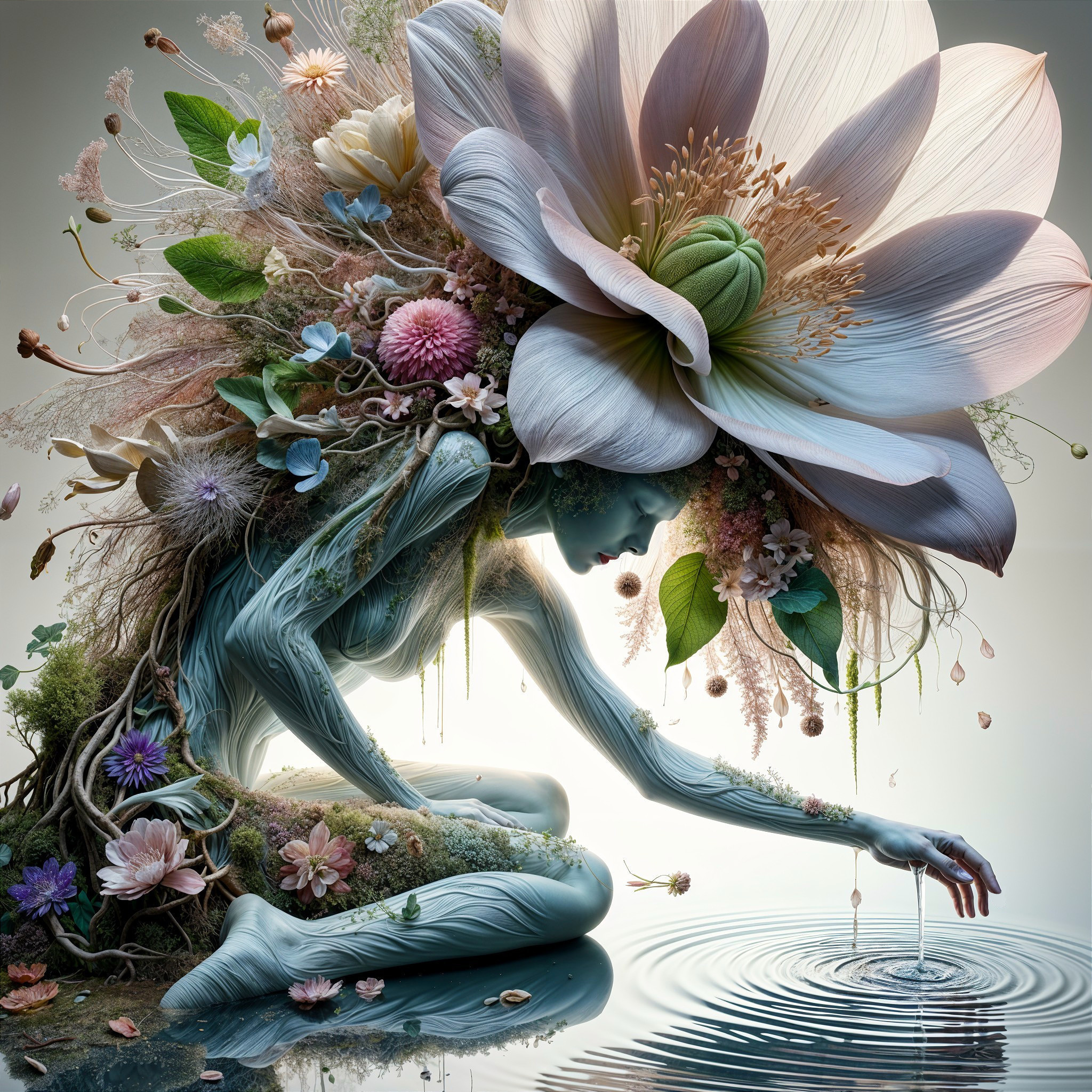 Ethereal Figure Blending with Nature and Water Elements