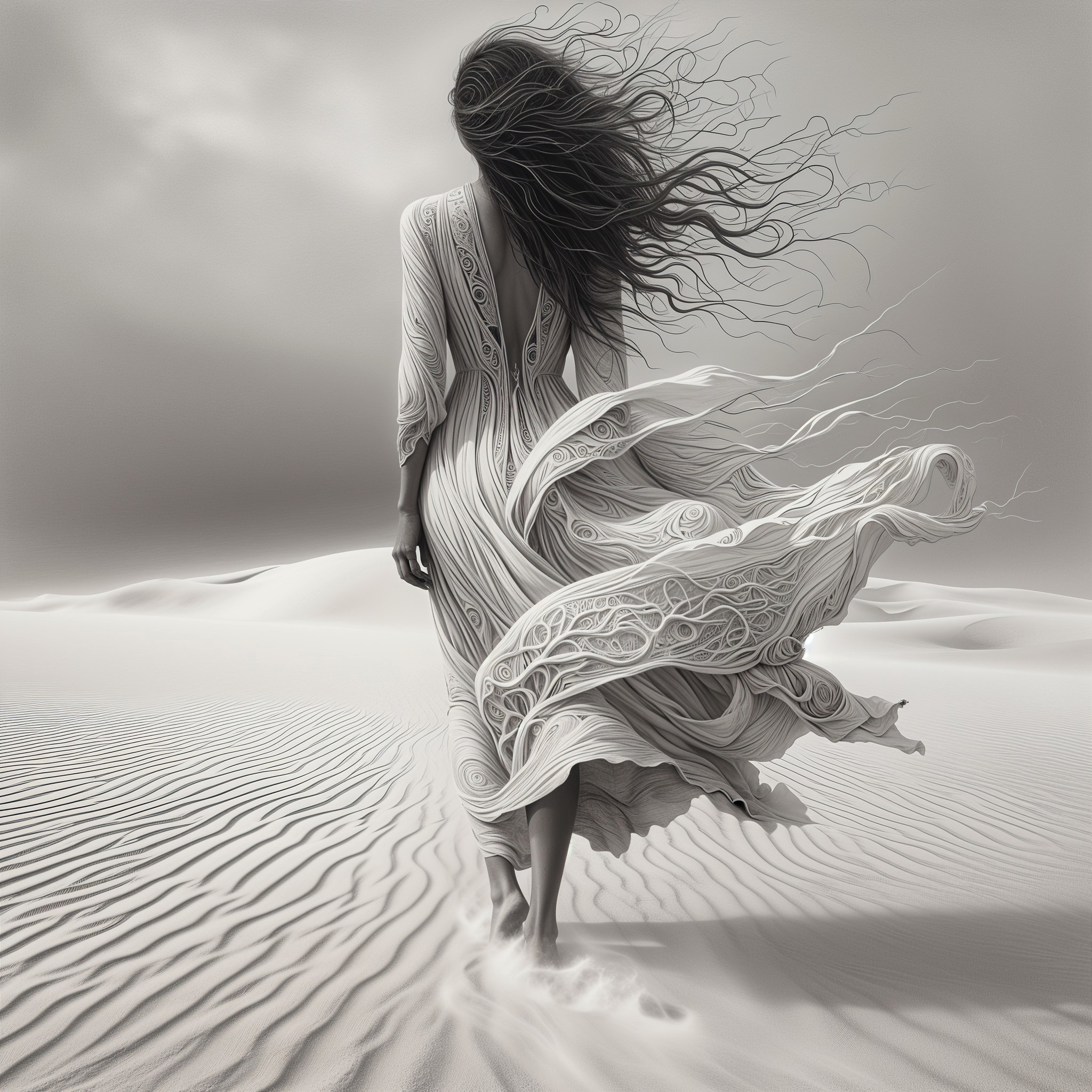 Figure in Intricate Dress Walking Through Desert Landscape