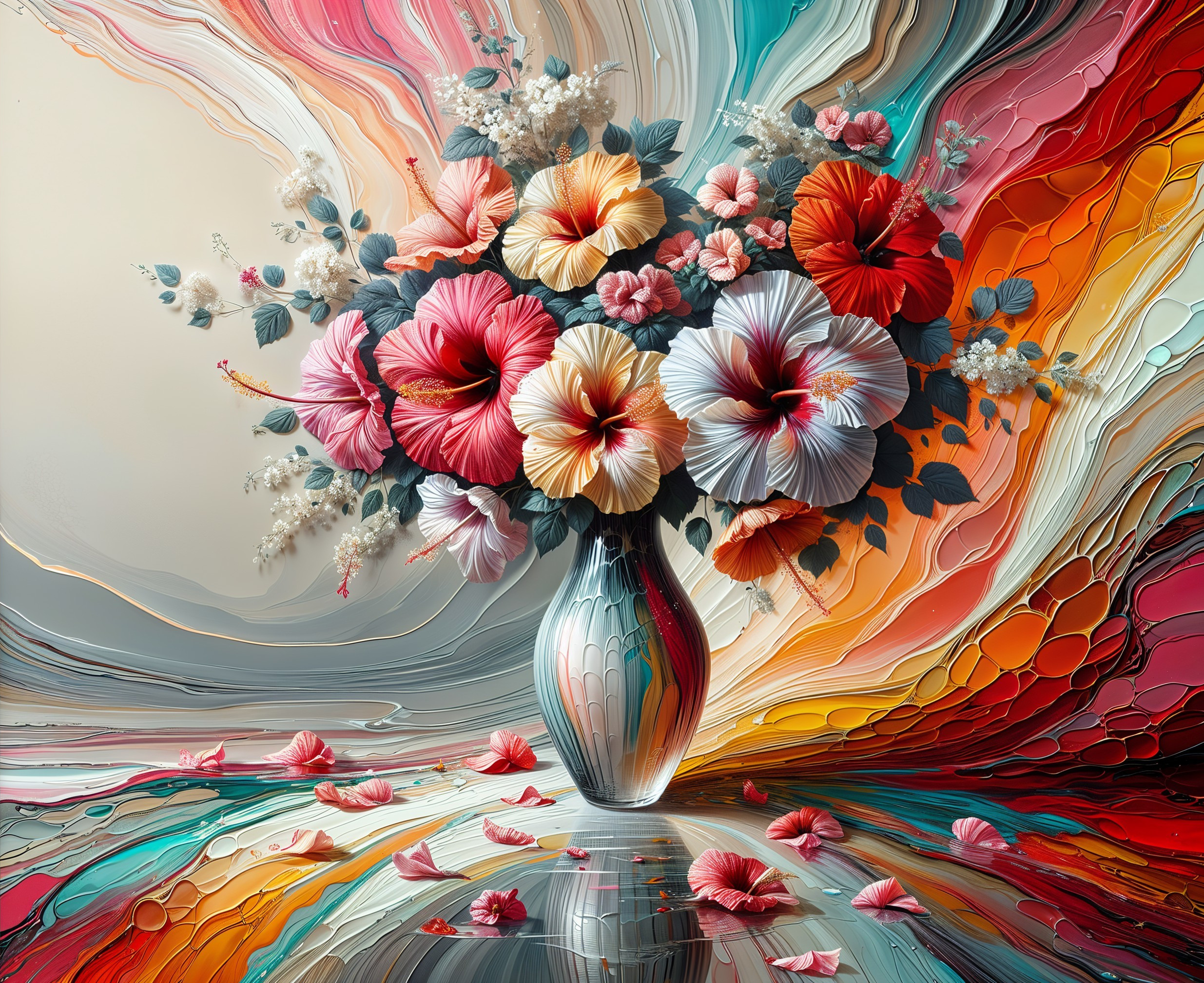 Vibrant Hibiscus Bouquet in Curved Vase with Abstract Background