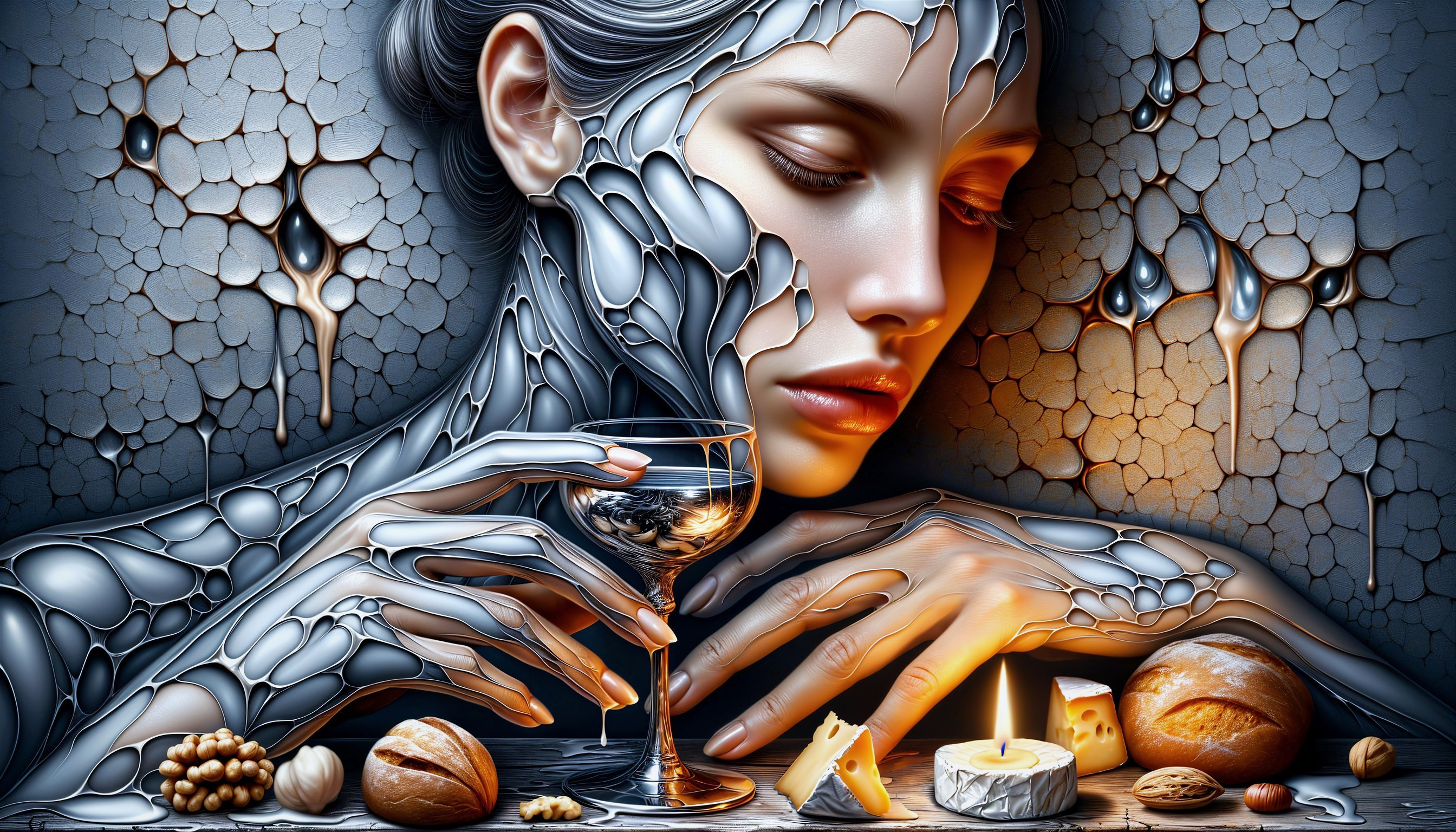 Surreal Artwork of Woman with Metallic Textures and Food