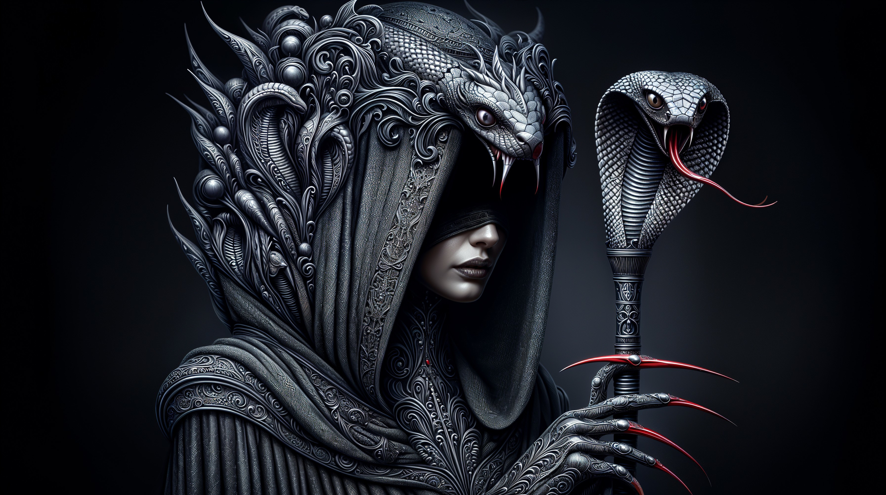 Mysterious Cloaked Figure with Serpents in Dark Setting