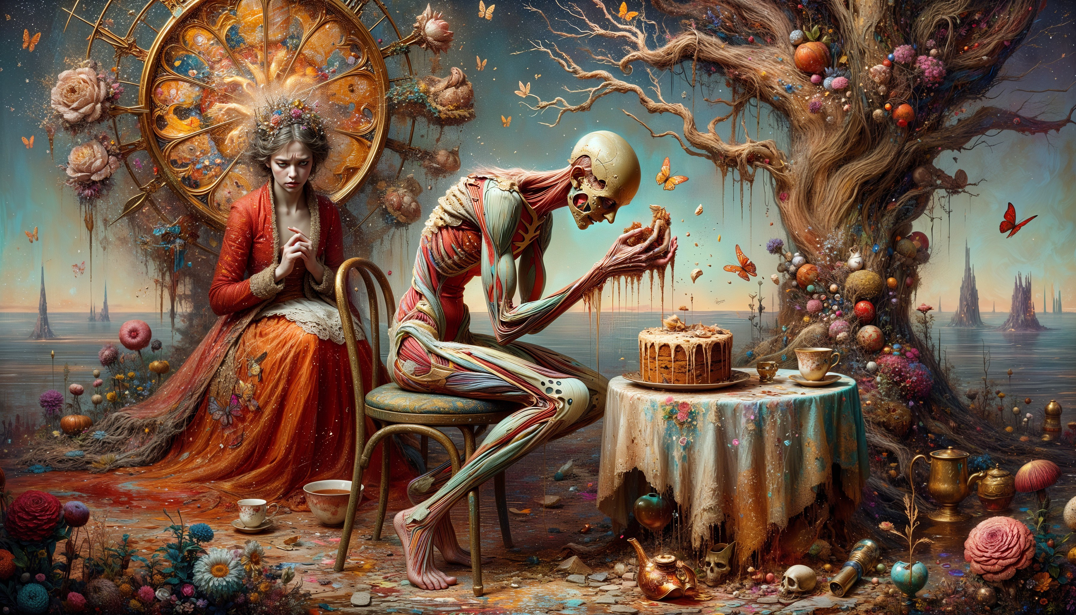 Surreal Scene with Skeleton, Cake, and Whimsical Tree