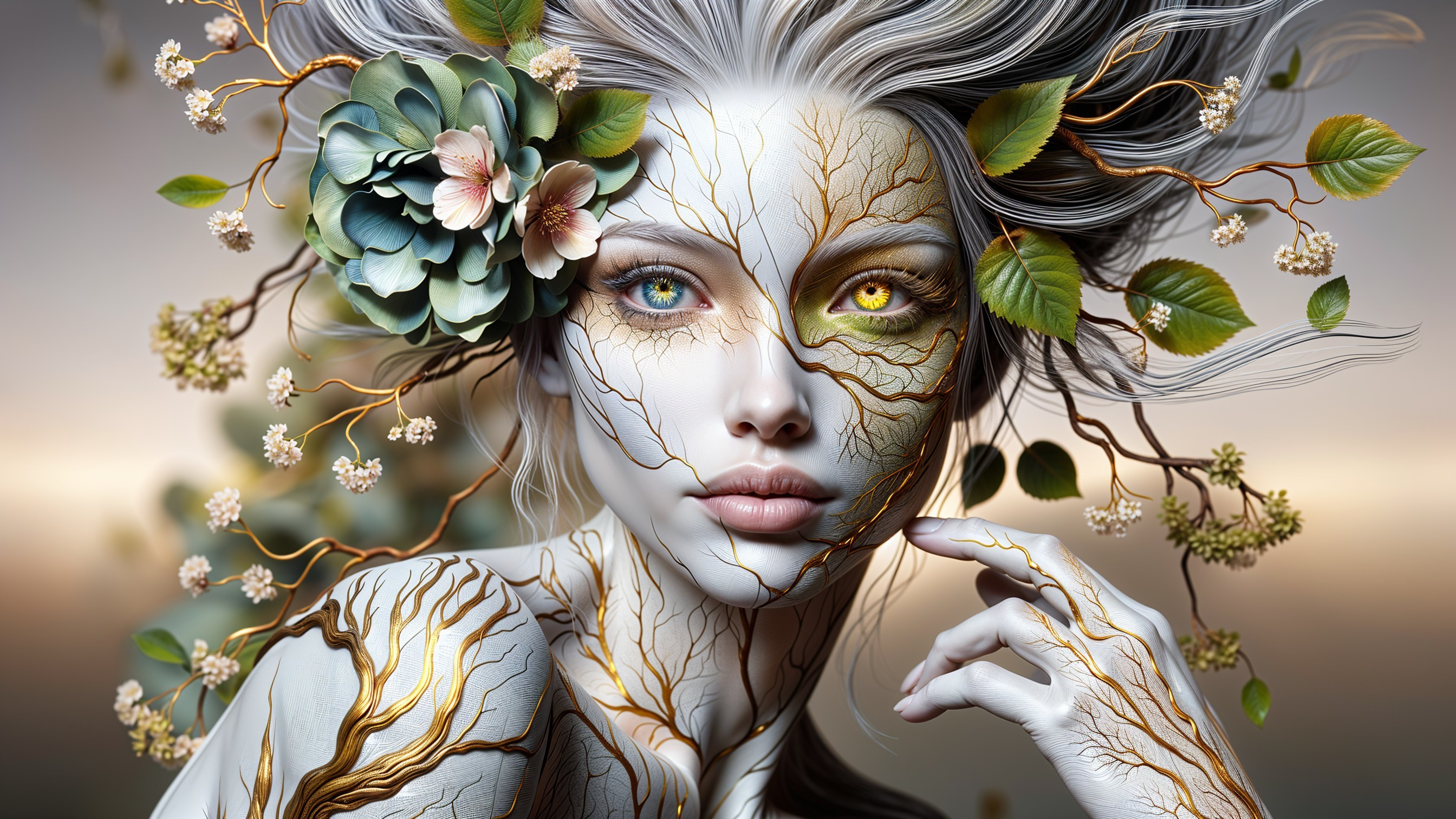 Ethereal Figure with Tree Patterns and Nature Elements