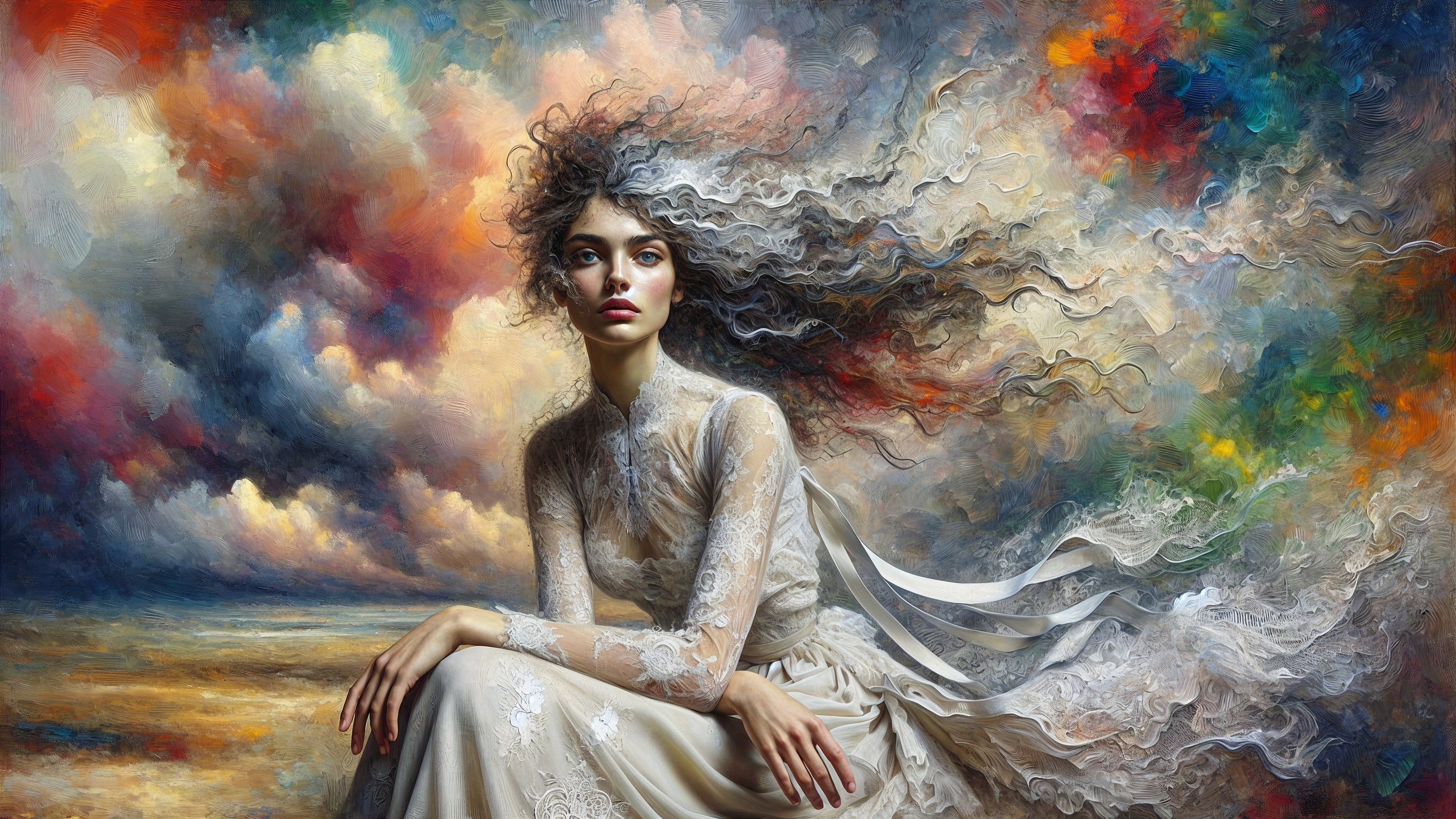 Young woman in lace gown against colorful cloud backdrop