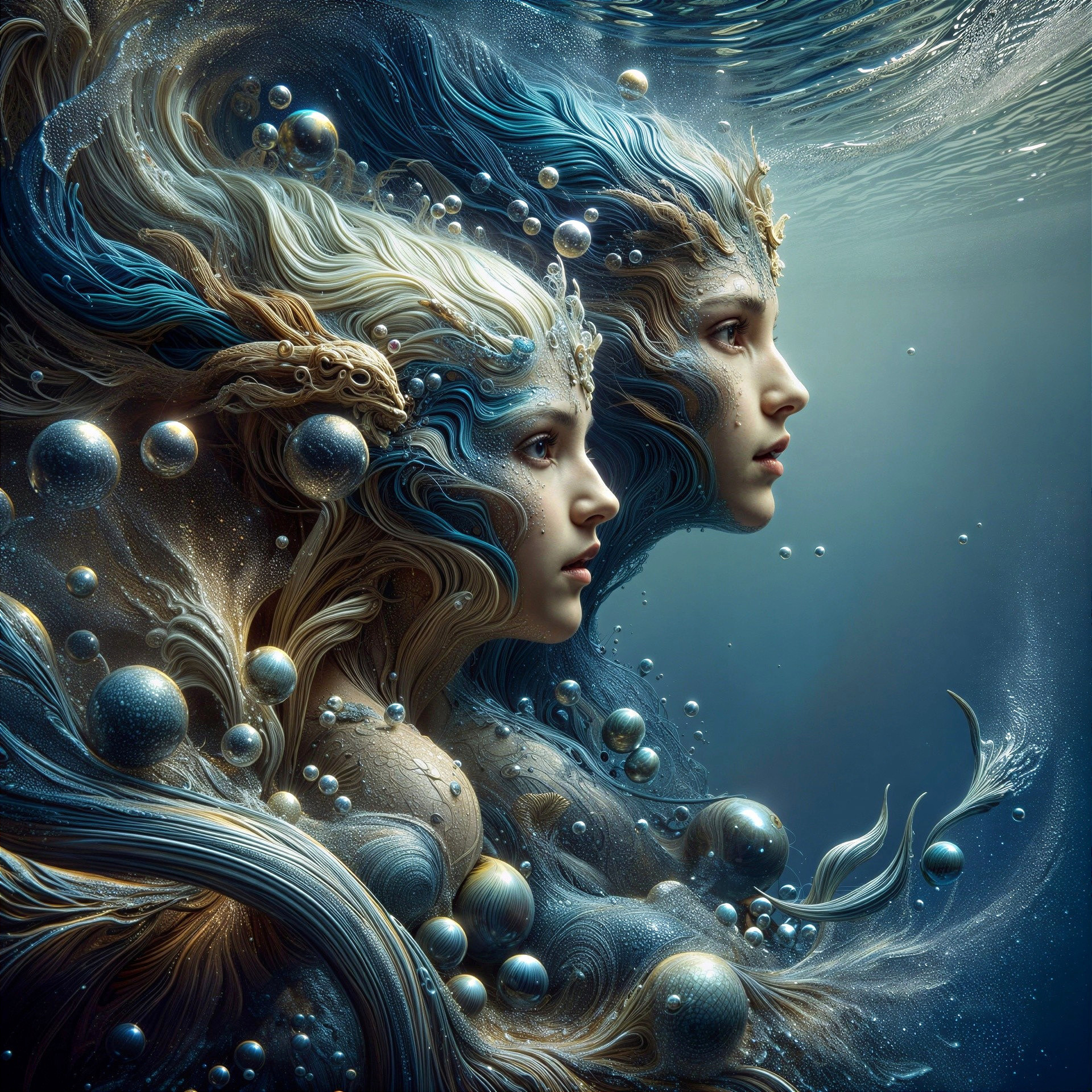 Ethereal Figures in Dreamlike Underwater Scene