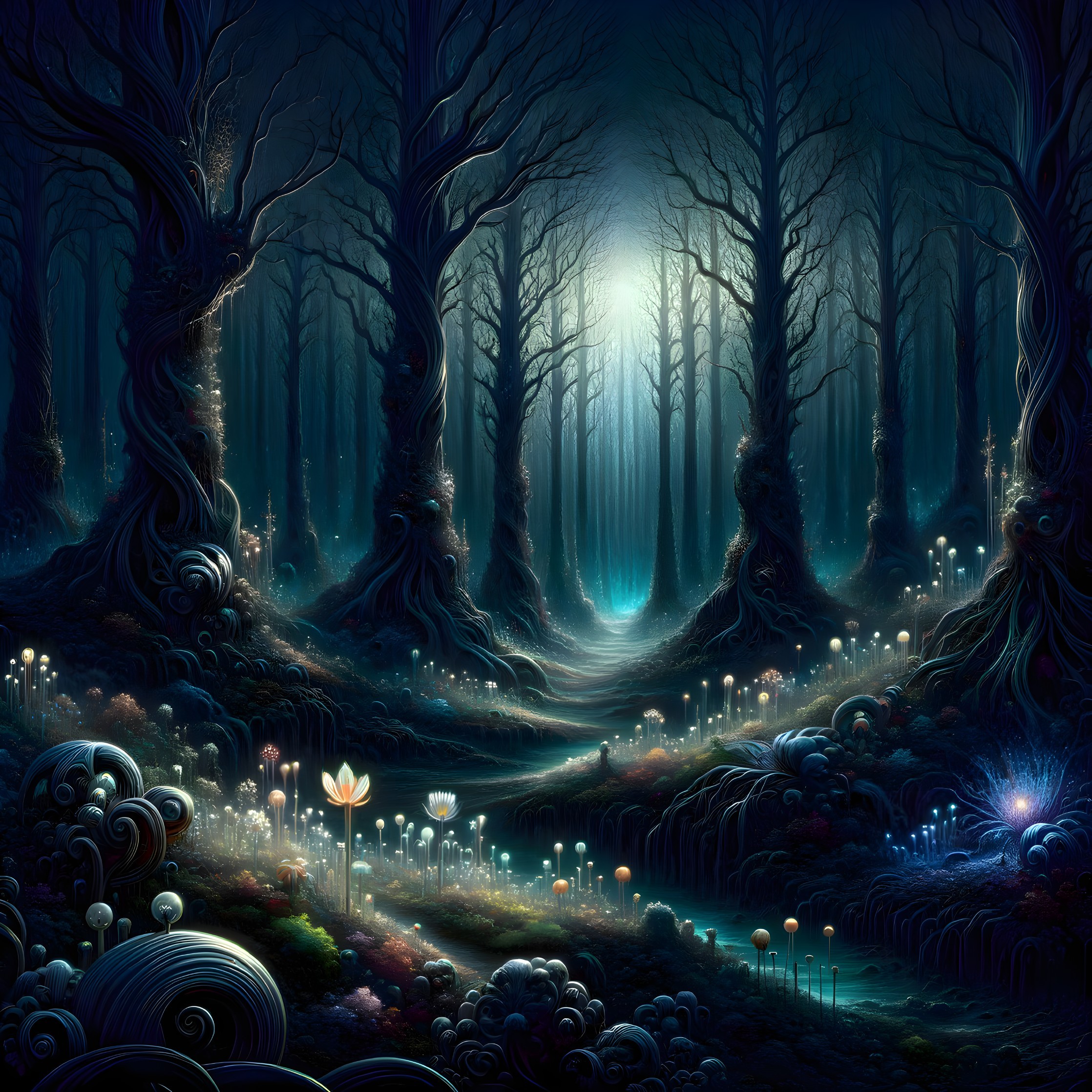 Mystical forest at night with glowing flora and towering trees