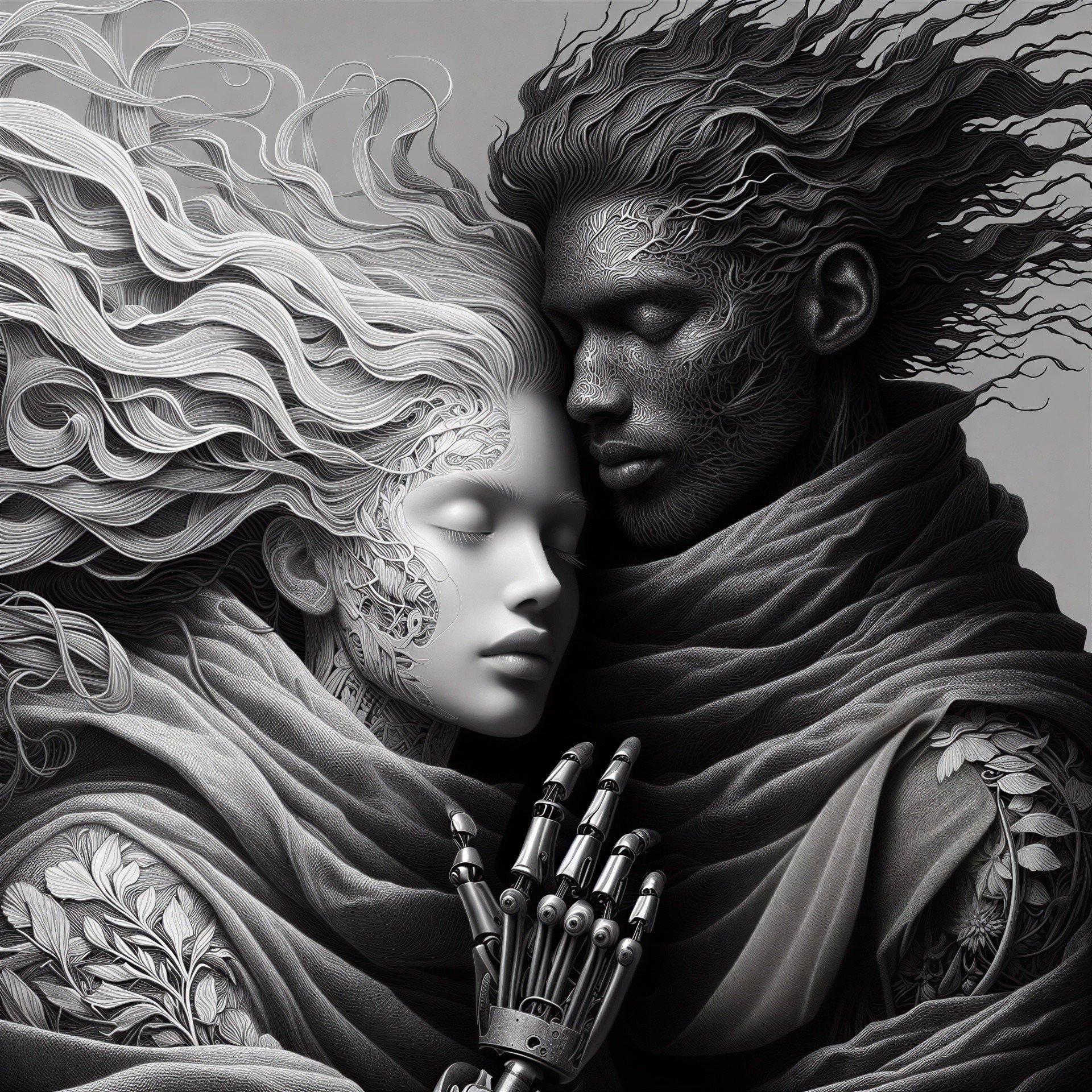 Figures Merging Human and Robotic Elements in Art