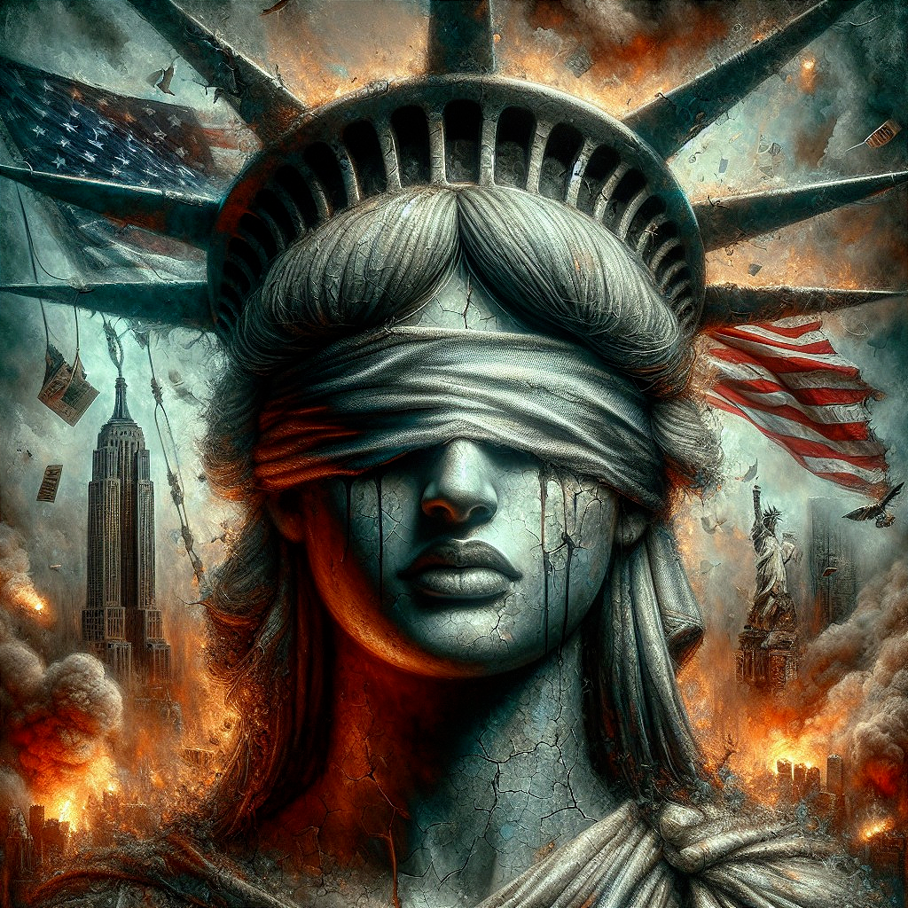 Dramatic Statue of Liberty Surrounded by Flames and Smoke
