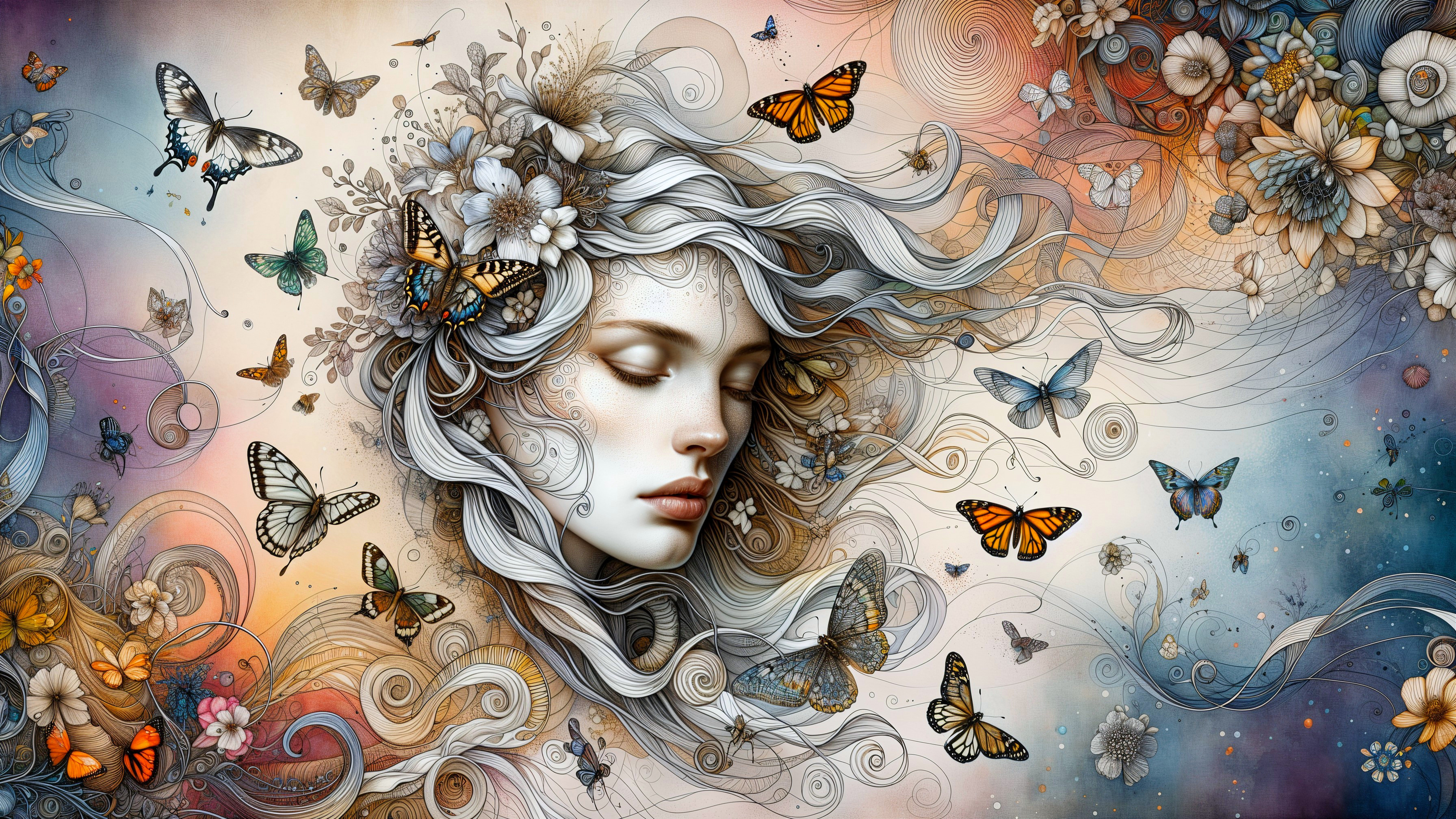 Dreamy Female Face with Floral Elements and Butterflies