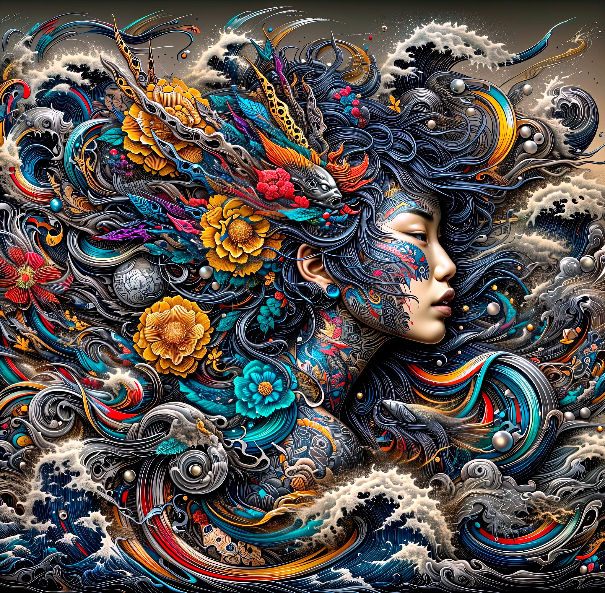 Vibrant Artwork of Woman's Profile with Flowers and Waves