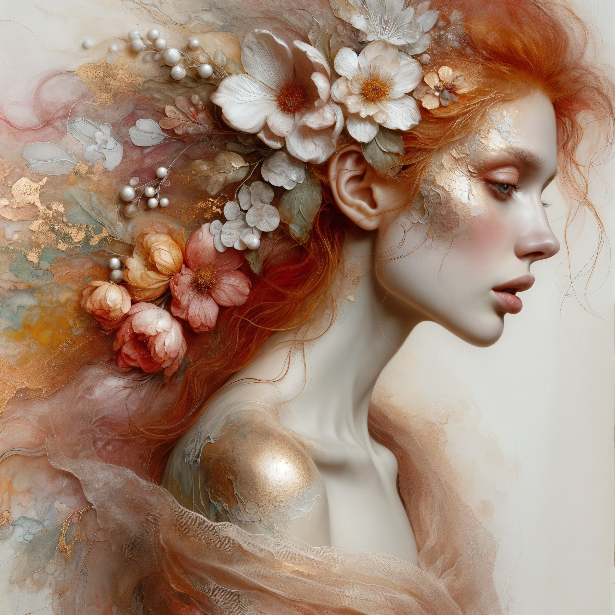 Profile of a Woman with Red Hair and Floral Accents