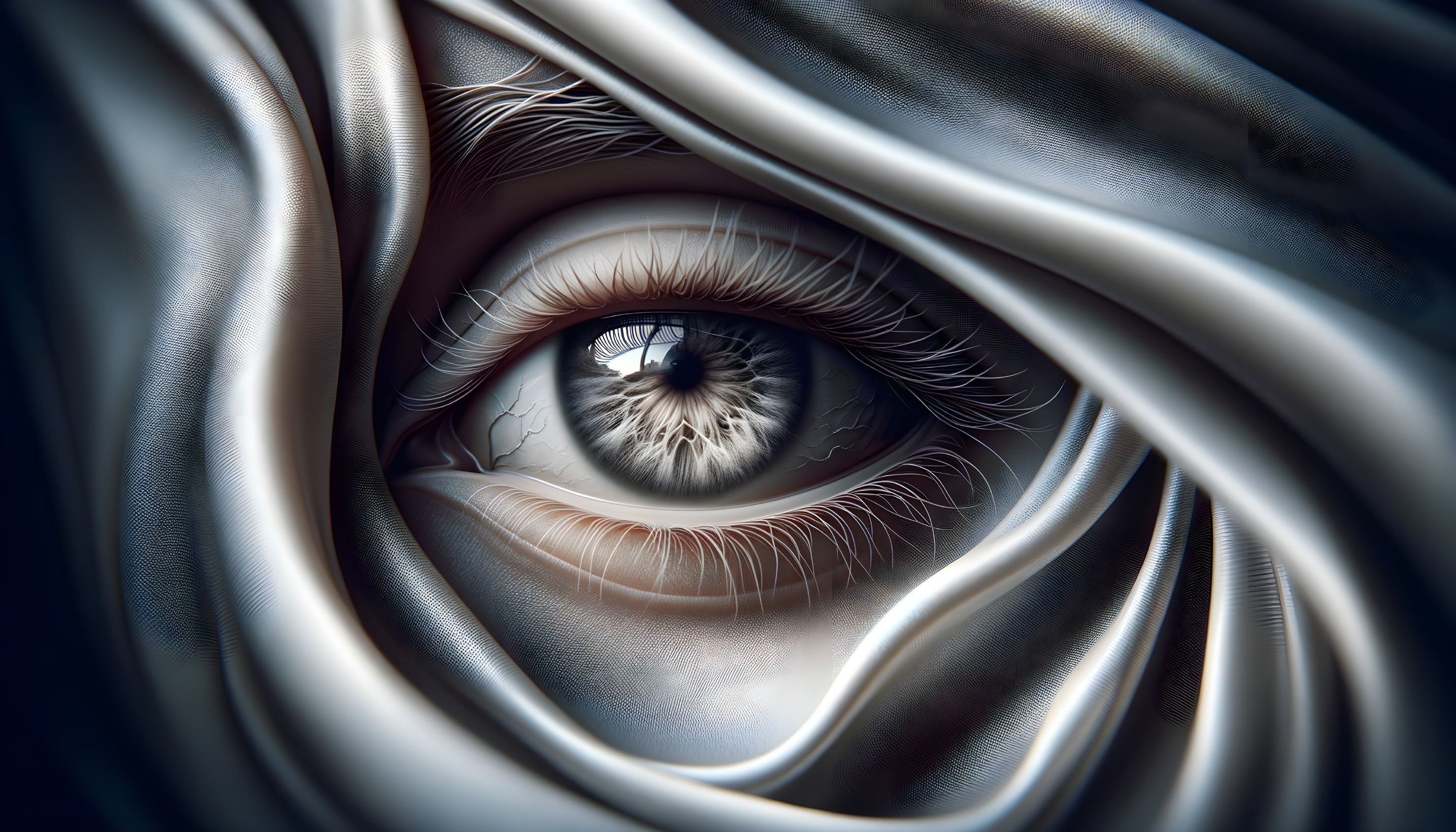 Detailed close-up of human eye with metallic fabric swirls