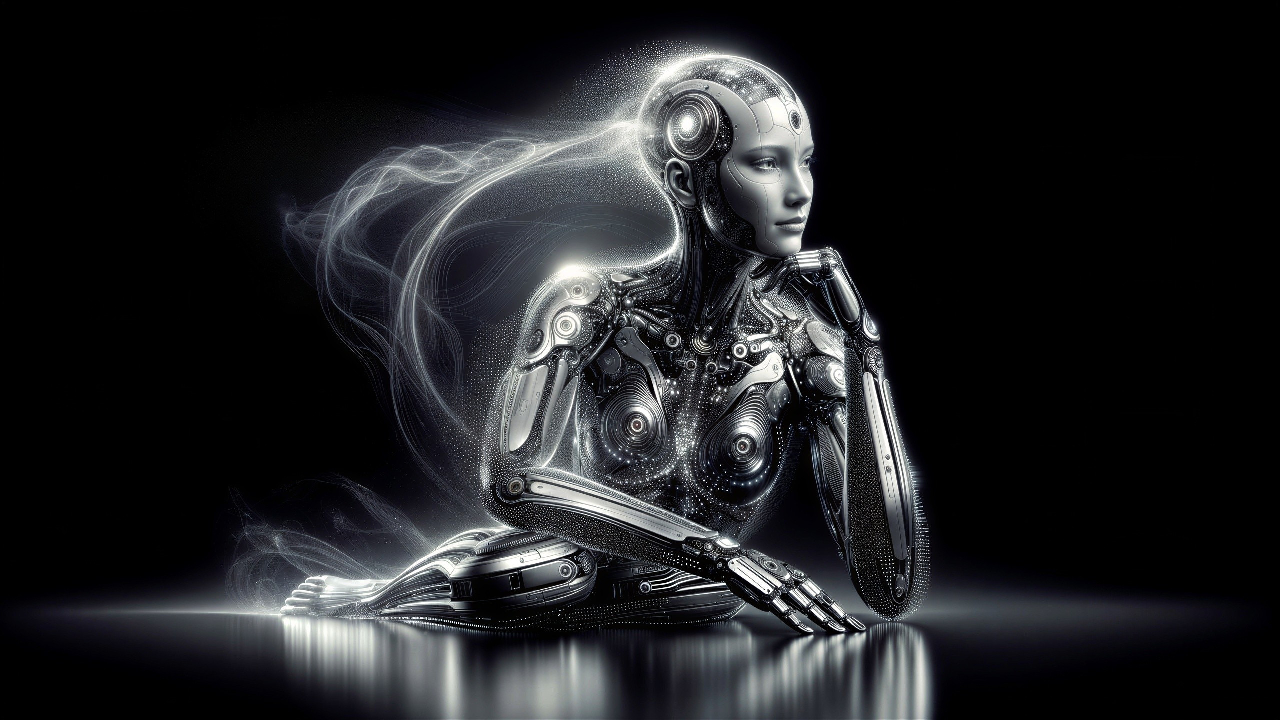 Futuristic humanoid robot with metallic features and smoke