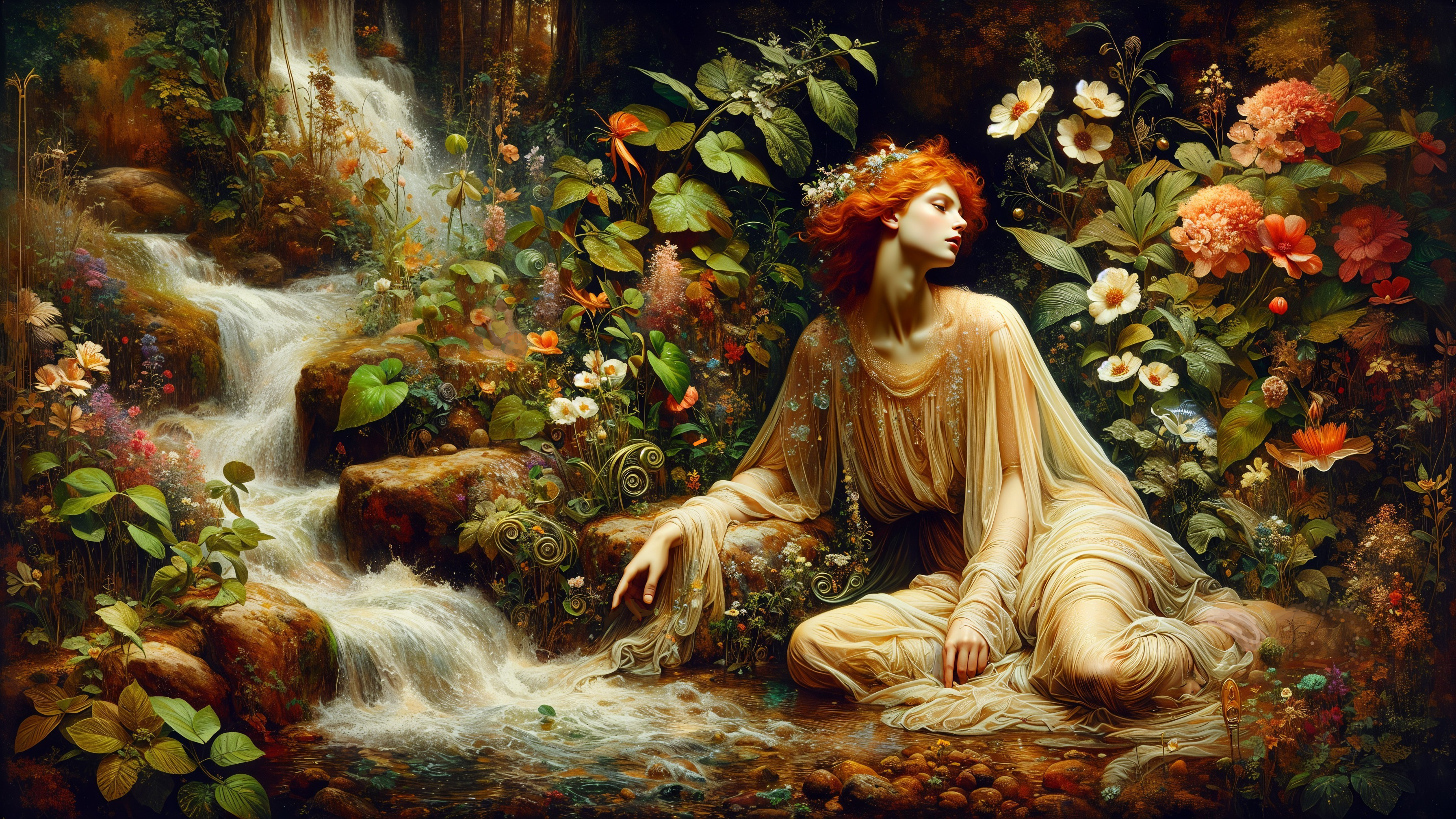 Serene Woman by Waterfall in Lush Natural Setting