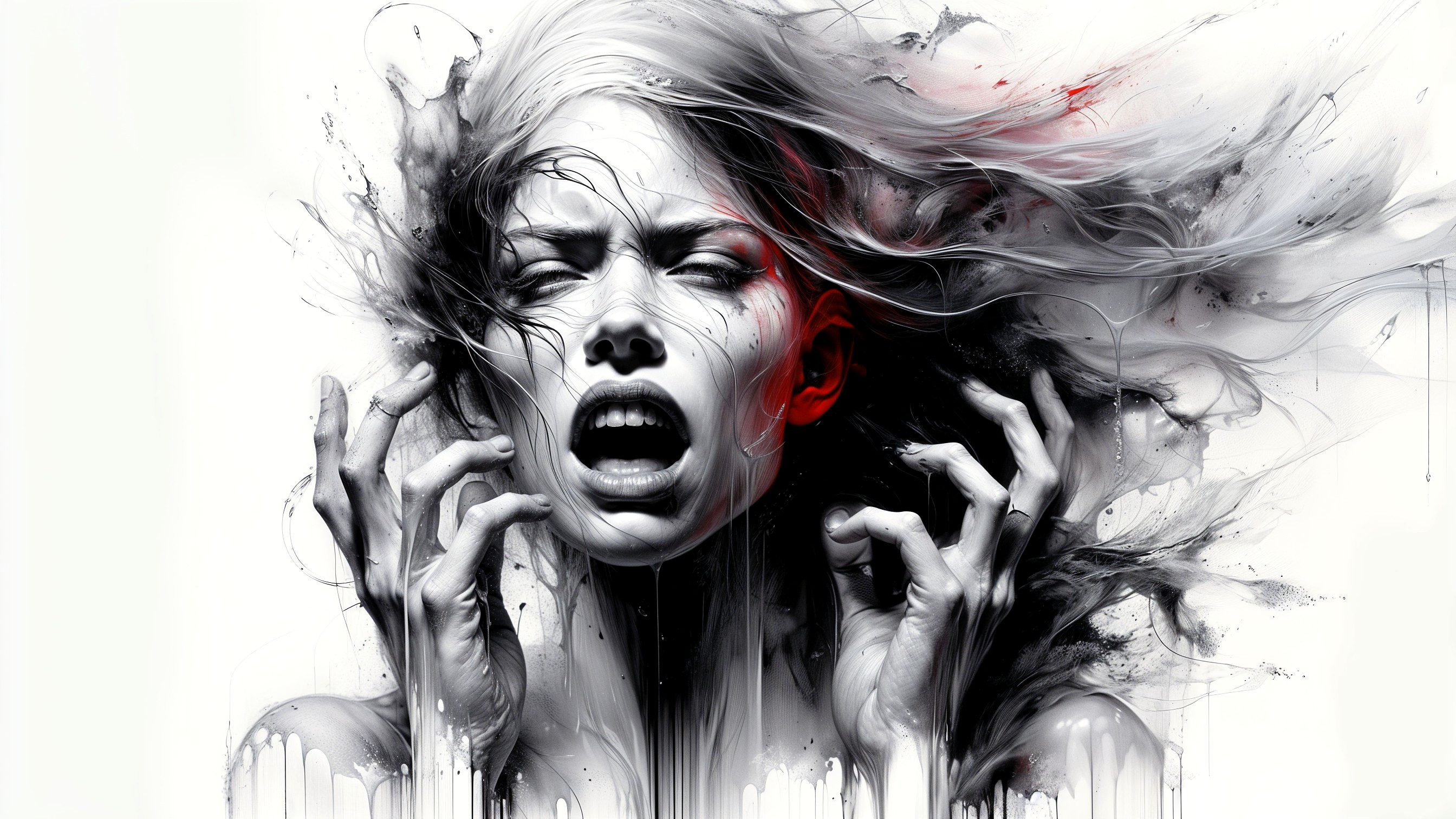 Dramatic Figure with Flowing Hair and Ink Patterns